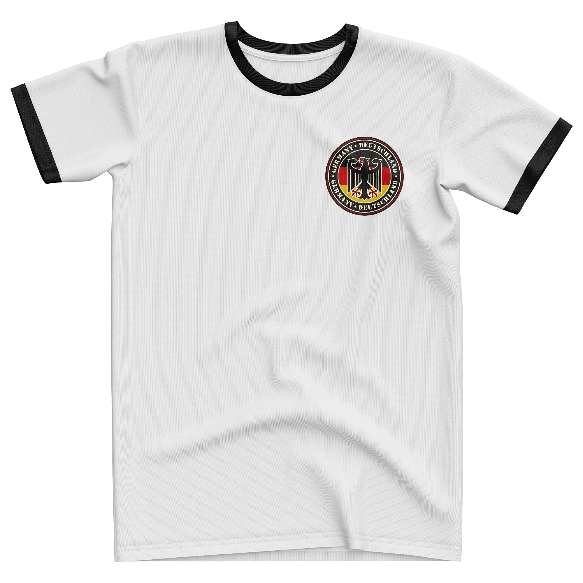 Purple Print House Germany Football Shirt, Germany Deutschland Badge T-Shirt Mens Gifts White Black Ringer Top Birthday