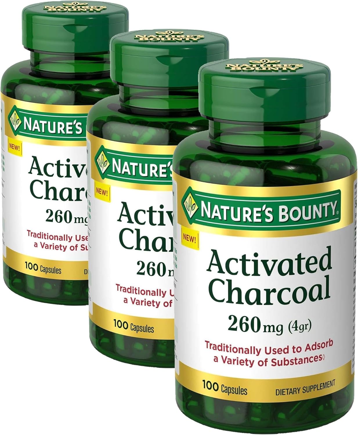 Nature's Bounty Activated Charcoal 260 mg, 100 Capsules, Dietary Supplement to Support a Healthy Lifestyle (Pack of 3)