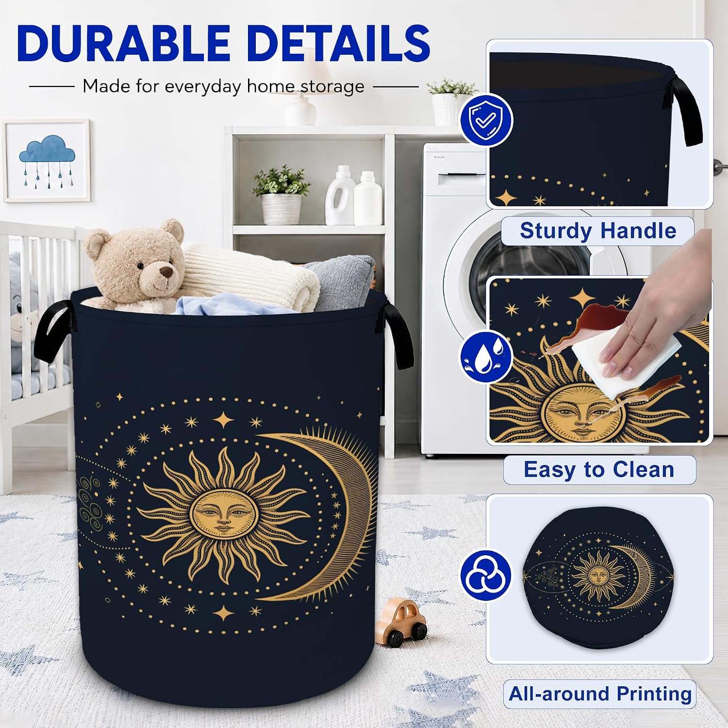 Sun Stars Moon Laundry Basket,Foldable Oxford Cloth Funny Tote Bag Laundry Hamper Clothes Storage Bucket Miscellaneous items Organizer For Bathroom/Laundry Storage/Bedroom 16"W x 20"H image 3