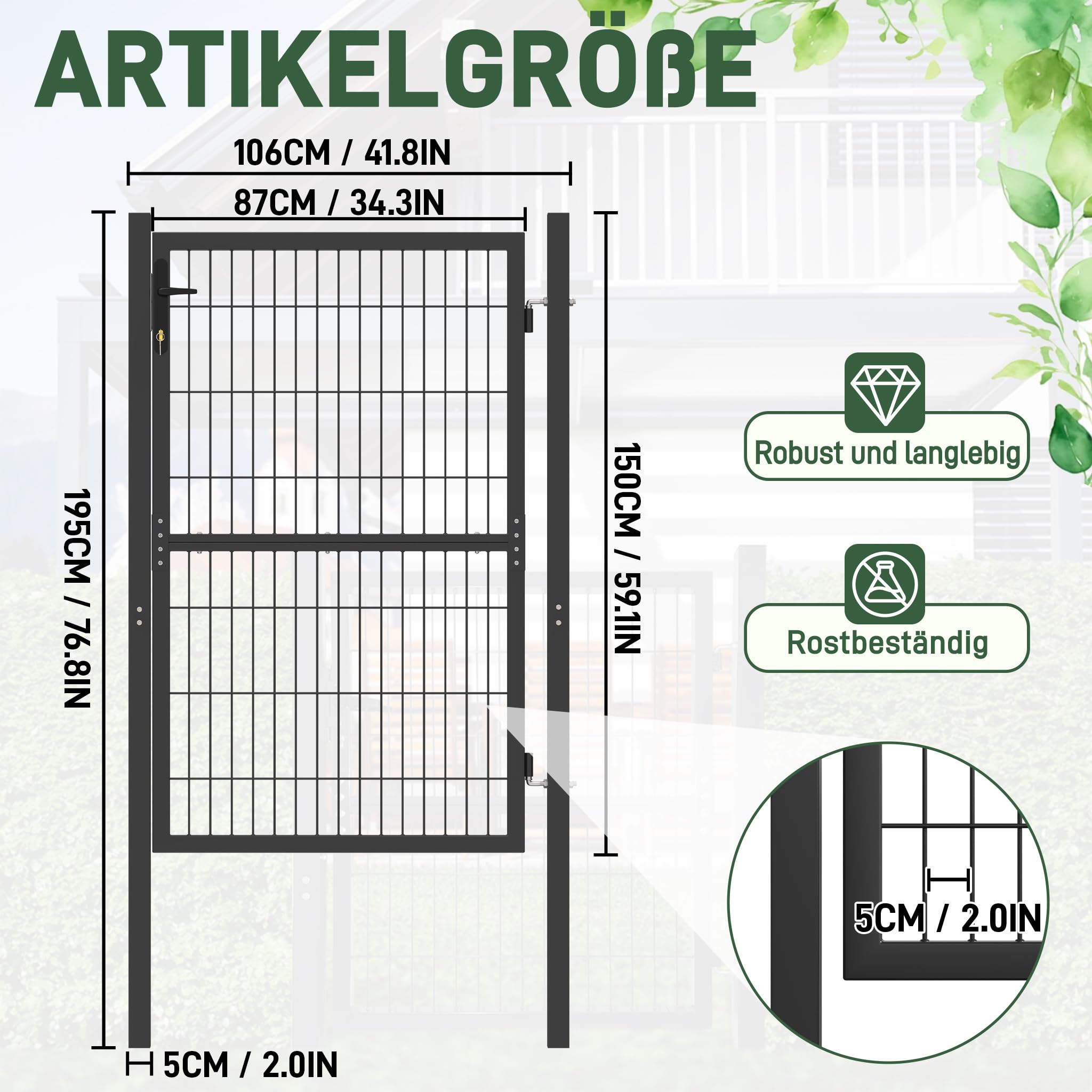 Froadp 100x150cm Puertas Batientes para de Puerta de Jardín de Malla Corrugada Única Galvanizada con Poste de Puerta Manijas de Plástico y Cerradura de Embutir para Puerta de Patio (Antracita)