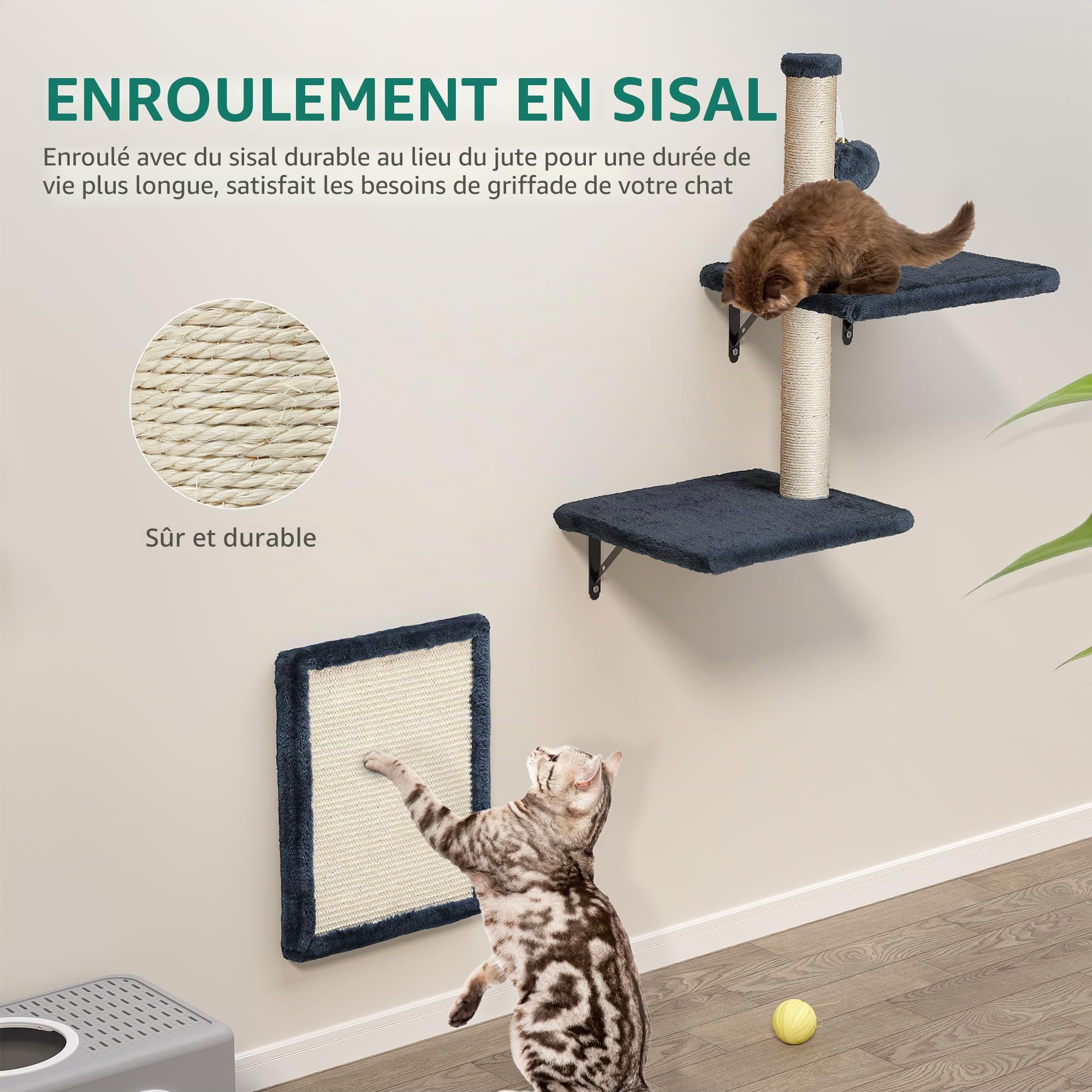YITAHOME Lot de 8 Murs d'escalade pour Chat, Dispositif d'escalade en Peluche Stable pour Chats, Arbre à Chat Mural avec Griffoirs, Maison, Pont, Escaliers pour Chat et Boule Suspendue, Gris Foncé
