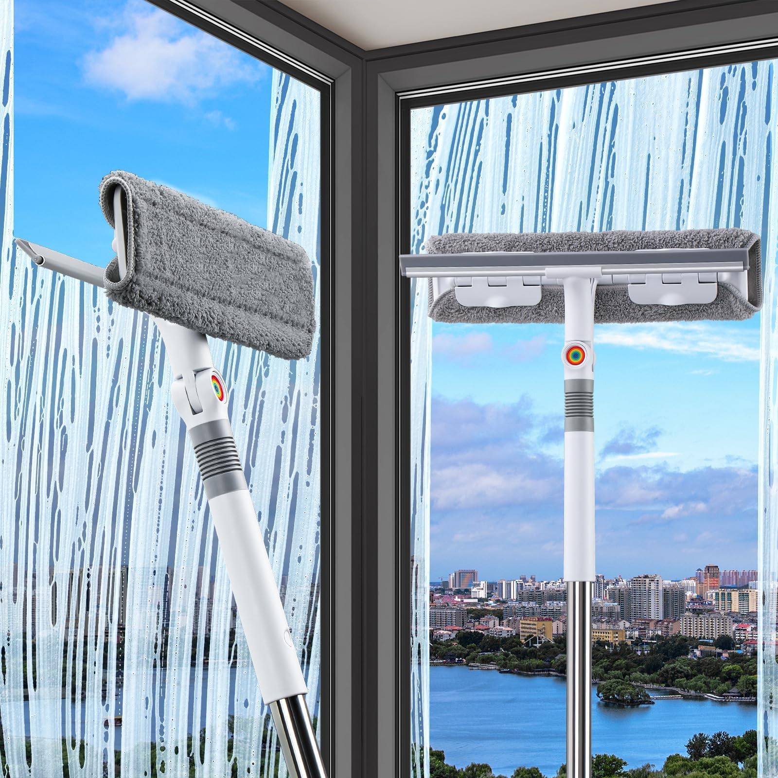 118" Window Squeegee with Extension Pole, 2-in-1 Window Cleaner Tool with Rotatable Head, Streak-Free Glass Cleaning Kit for Car, Shower, RV, Home Windows & Mirrors