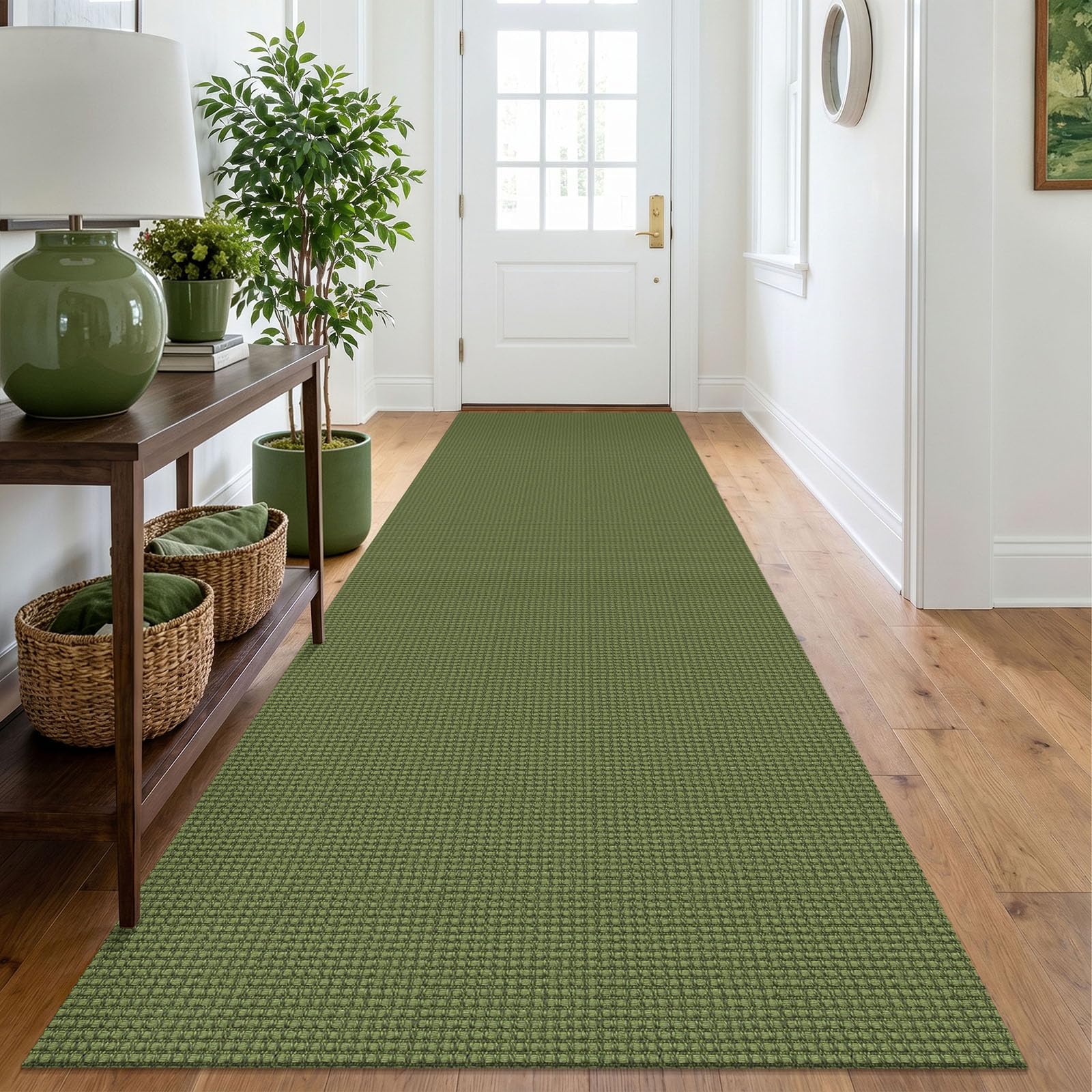 IOHOUZE Washable Runner Rug 3x10 Non Slip Rubber Backed Long Hallway Runner Entryway Runner Indoor, Kitchen Rugs Woven Cotton Floor Carpet for Hall Entrance, Olive Green/Earthy Green