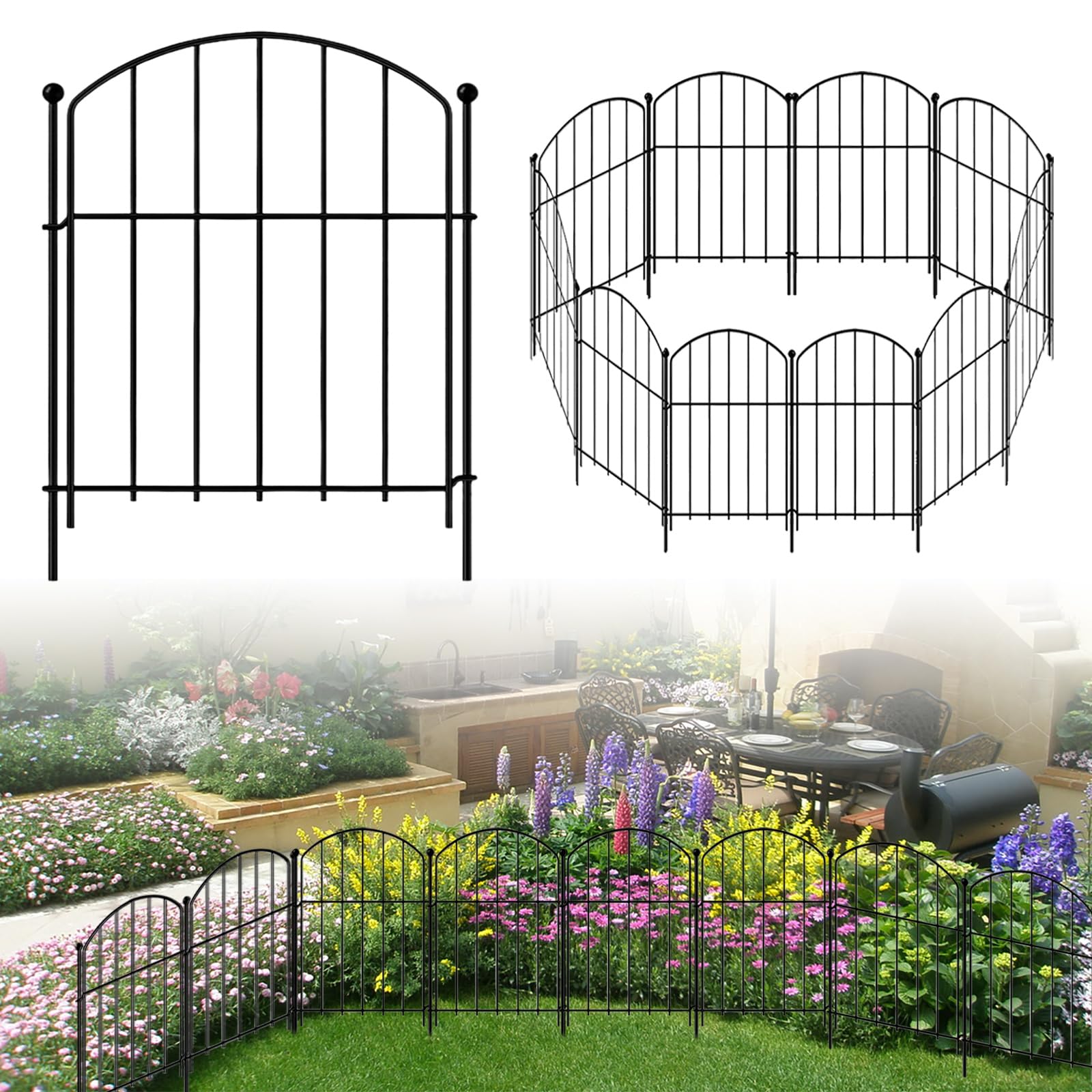 Garden Fence 10 Pack, Decorative Metal Fencing 42cm(H) × 320cm(L), No Dig Rustproof Metal Fence Panels, Animal Barrier for Rabbit Dog, Landscape Fencing for Flower Bed Yard Patio Outdoor Decor