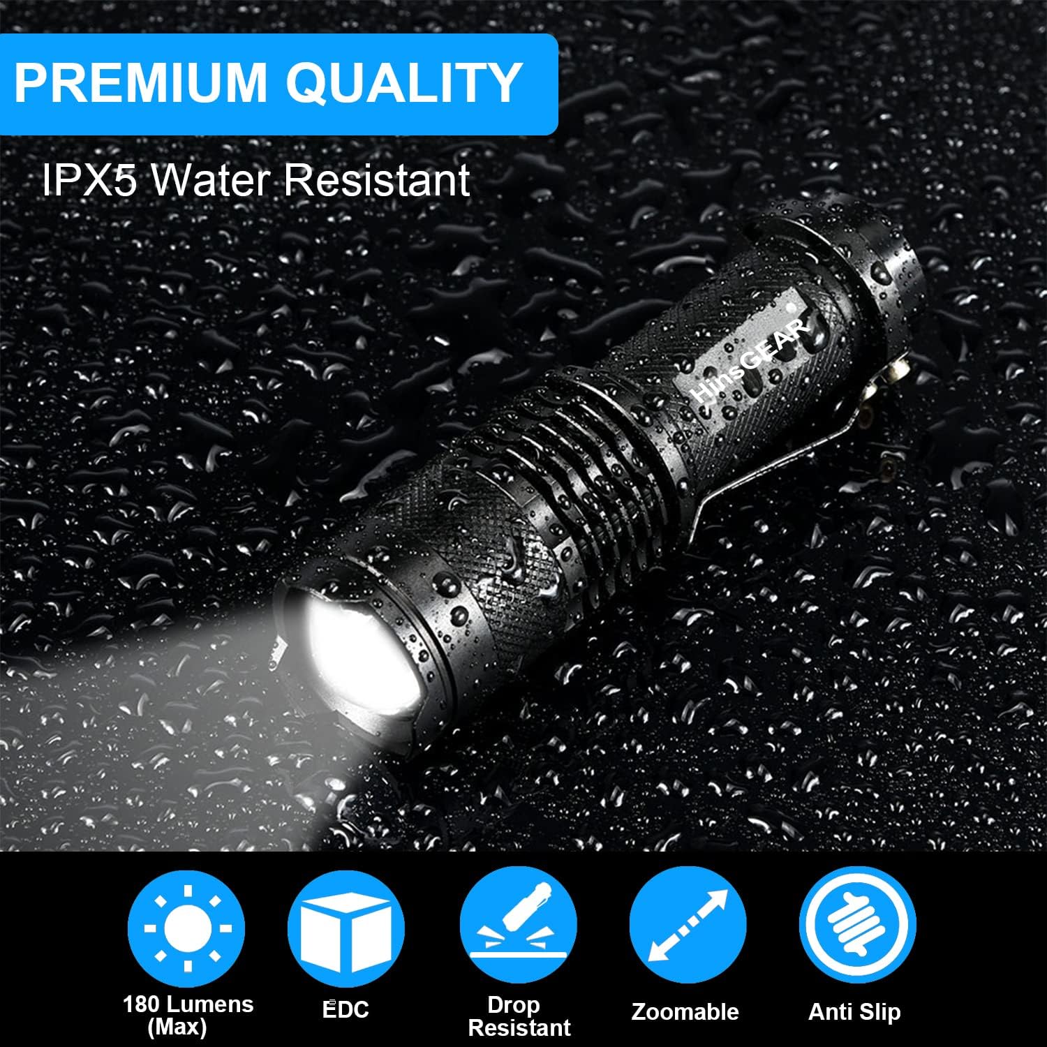 HinsGEAR Mini Flashlights 4 Pack, Super Bright LED Tactical Flashlight with Clip, Aluminum, 3 Modes, Zoomable, Waterproof - Best EDC Flash Light for Gift, Hiking, Camping, Emergency Use - - 