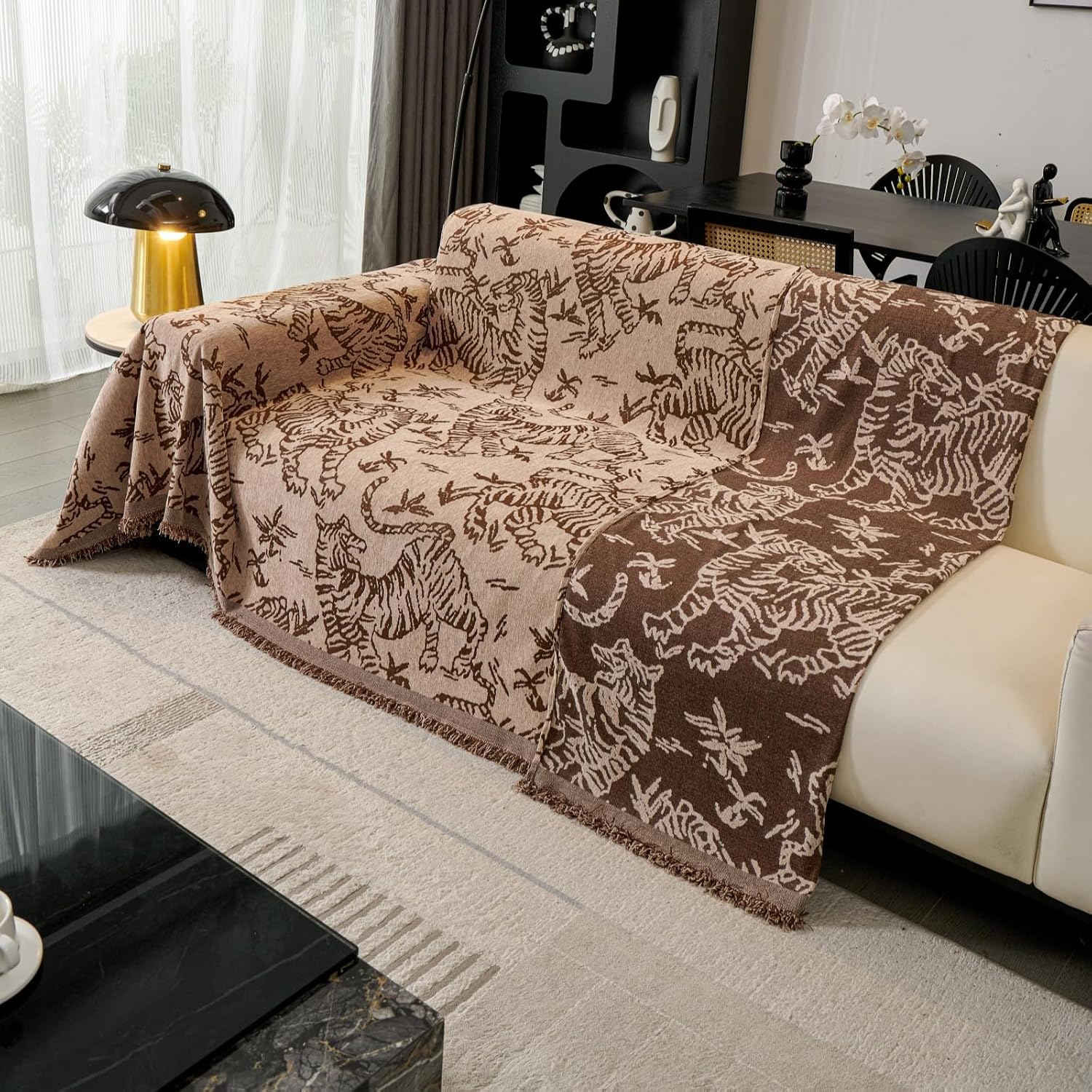 Funny Tiger Couch Cover for 3 Cushion Sofa, Coffee Vintage Reversible Couch Cover Sectional L Shape, Farmhouse Home Decor Chenille Non Slip Washable Large Couch Protector for Dogs 71"x118"