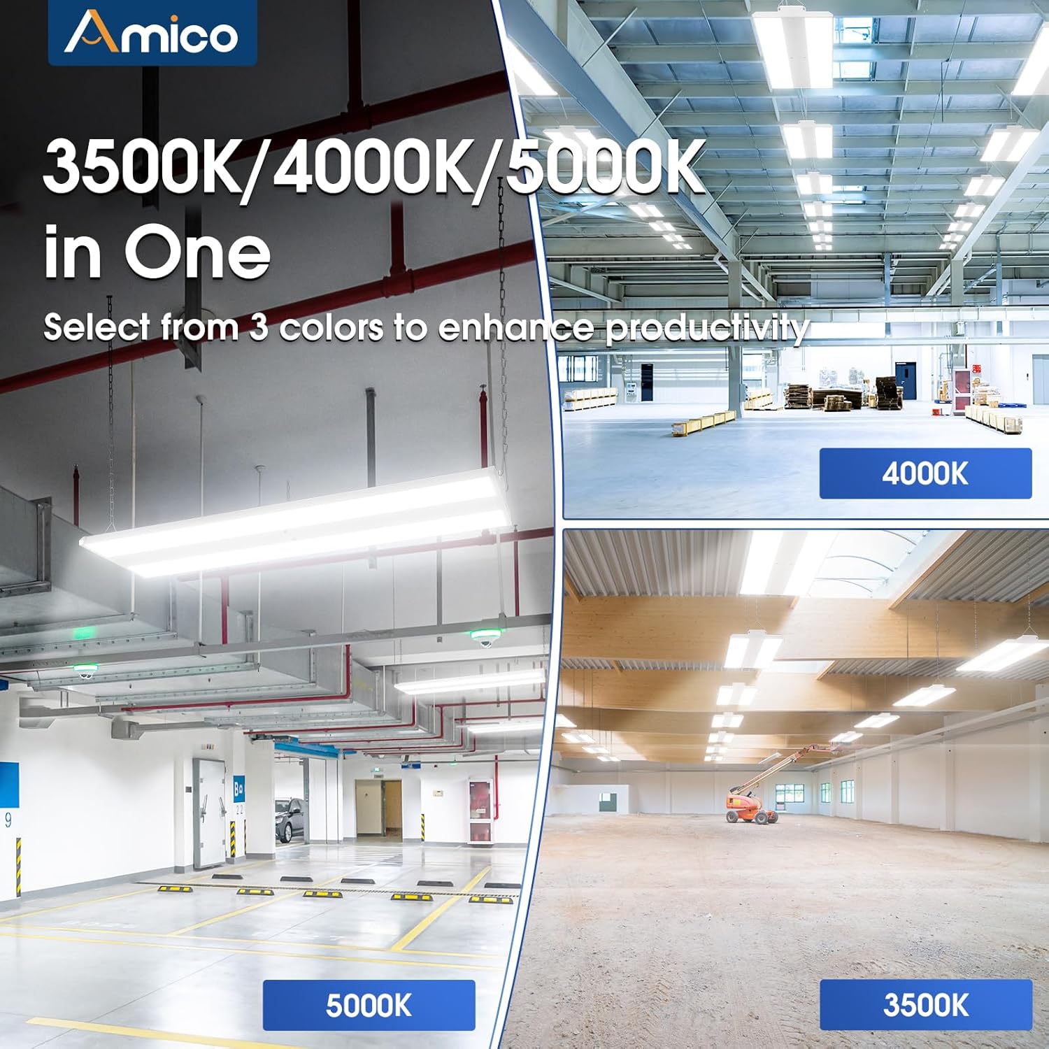 Amico 4 Pack 3FT LED Linear High Bay Light with 3500K/4000K/5000K 3CCT Selectable, 160W/170W/255W, 0-10V Dimmable, 100-277V, 33150LM Super Bright Led Linear Shop Light for Warehouse Workshops, ETL/DLC