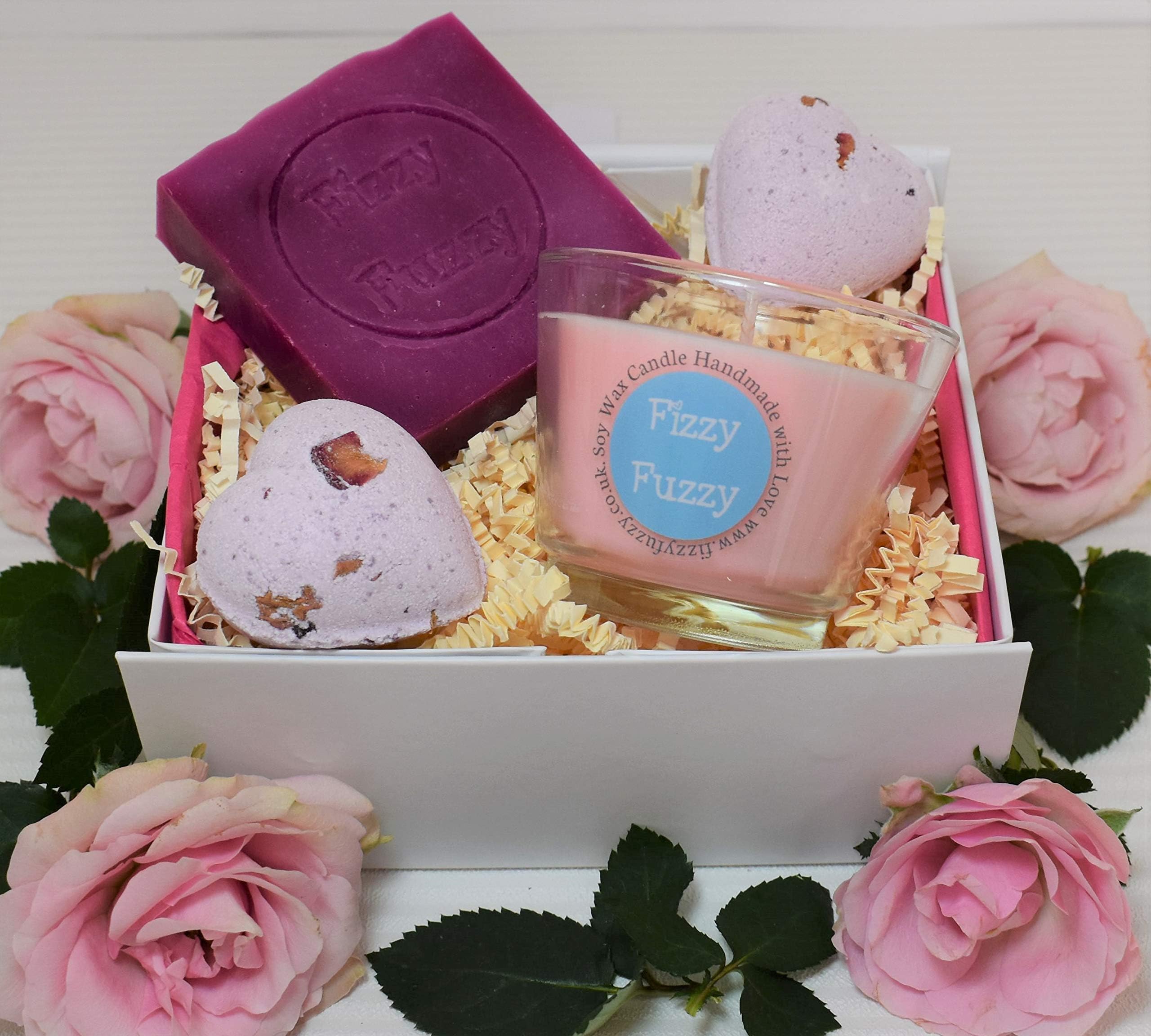 Relaxing Rose Mothers Day Gift Set Bath Bombs Soap Candle. Handmade by Fizzy Fuzzy.