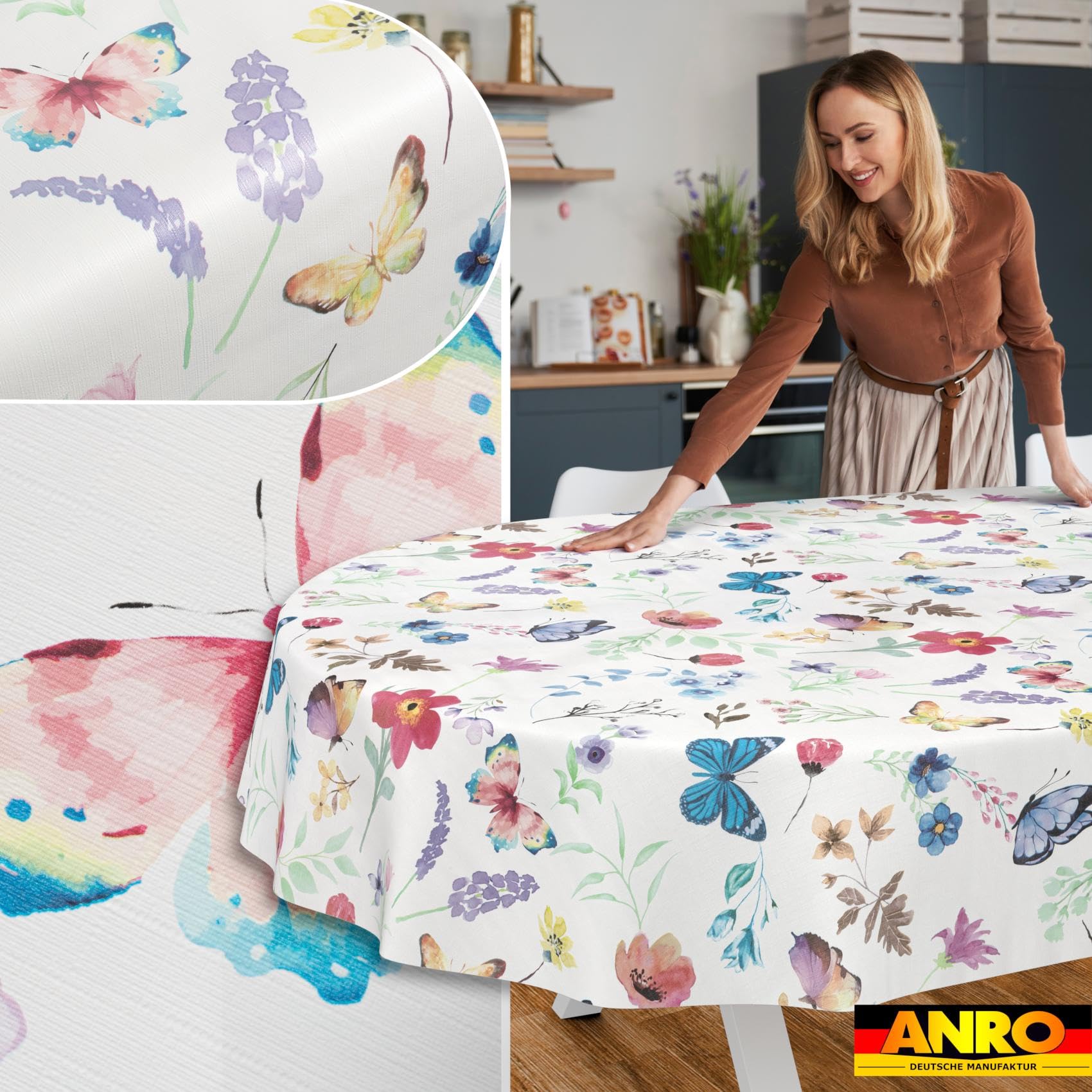 Nappe en toile cirée lavable, facile d'entretien, imperméable, effet lotus, nappe de jardin, motif papillons, ovale, 200 x 140 cm, bord coupé