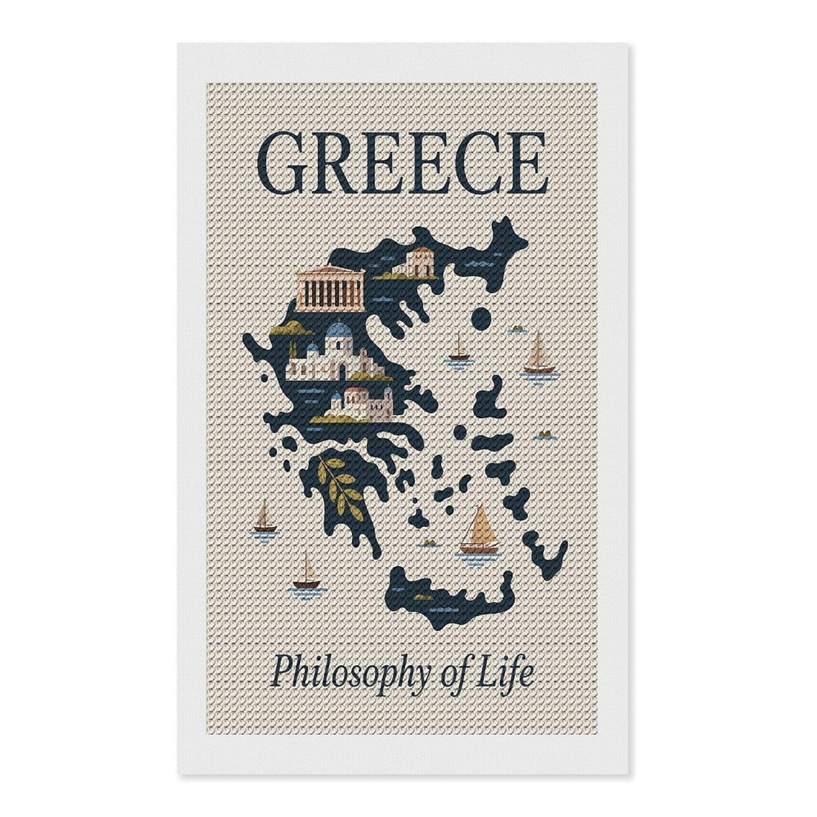 Junmoney Greece Philosophy of Life Map Diamond Art Canvas 12"x20", for Adults, Printed Canvas, Home Wall Decor, Gift Idea, Mindful Craft Activity