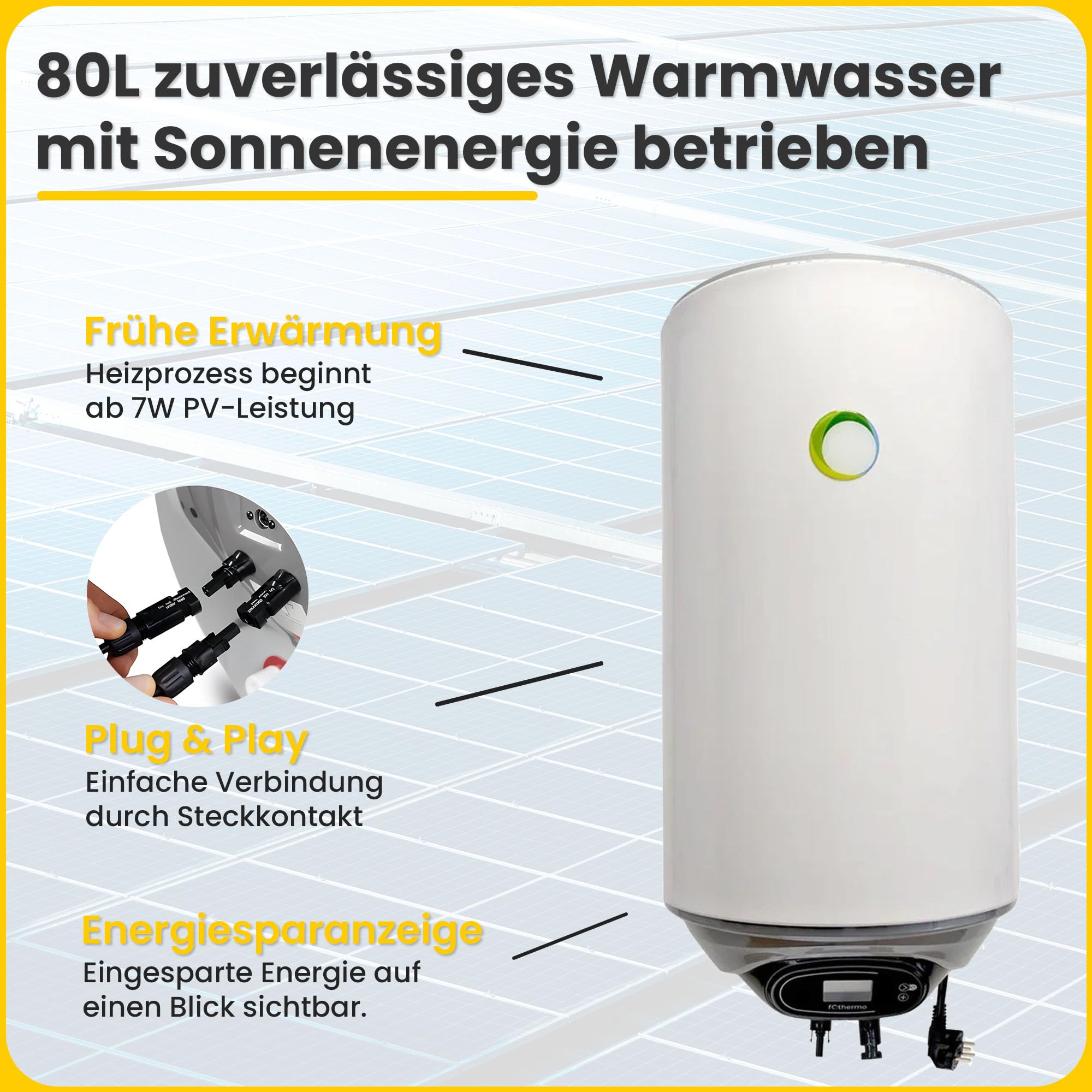 Offgridtec Sistema scaldabagno solare 900 W Caldaia ibrida Fothermo 80 l, Plug & Play, backup 230 V fino a 1500 W, temp. massima 65 °C, doppio pannello solare bifacciale