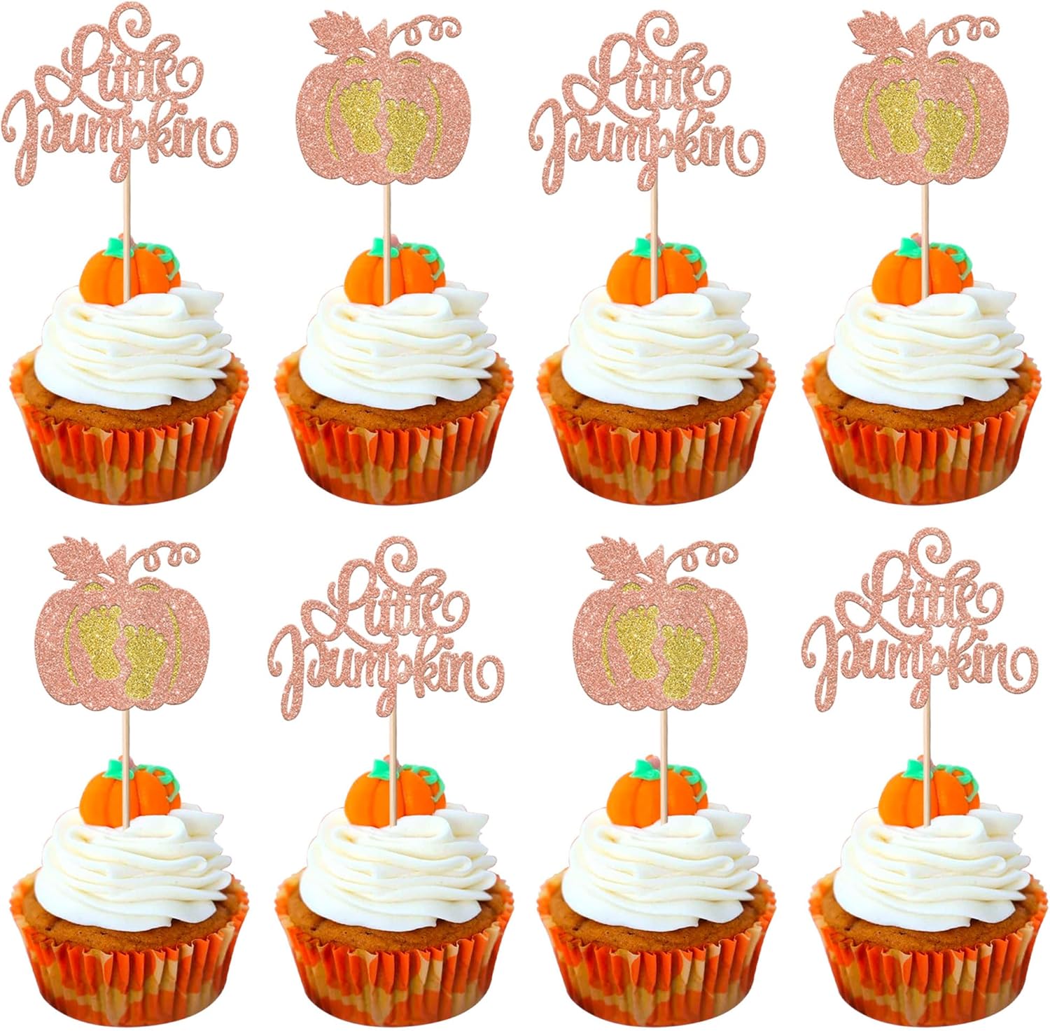 24 Pack Little Pumpkin Cupcake Toppers Glitter Pumpkin Cupcake Picks Thanksgiving Baby Shower Cupcake Decorations for Fall Harvest Baby Kids Birthday Party Supplies Orange