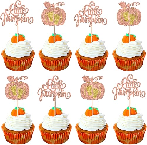 Paquete de 24 adornos para cupcakes de calabaza con purpurina para cupcakes de calabaza para Acción de Gracias, baby shower, decoración de cupcakes