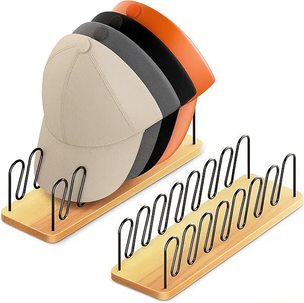 UdoUto Hat Organizer for Baseball Caps-2 PacK | Wood & Metal Hat Rack Holds 14 for Baseball Caps | Space-Saving Closet Shelf Organizer for Bedroom, Dresser, Entryway
