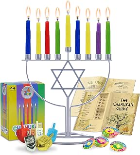 Ner Mitzvah Menorah Set for Hanukkah - Jewish Star Hanukkah Menorah Set - Sleek Wireframe Menora, Chanukah Candles, Dreidels, Play Coins, & Hanukkah Guide