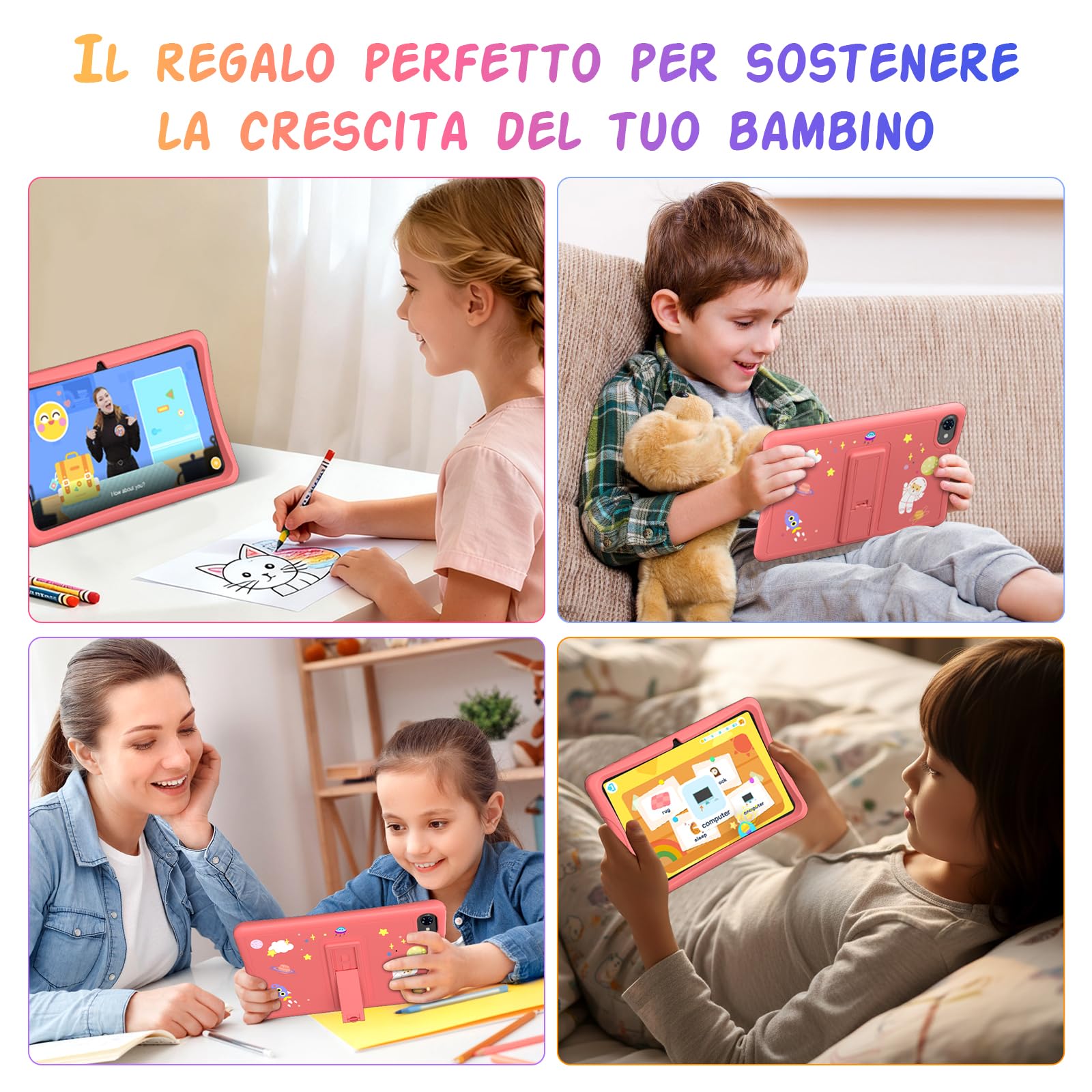 Tablet Bambini 10 Pollici, Android 16 Tablet per Bambini 3-12 Anni, 16GB RAM(4+12) + 64GB ROM, Controllo Genitori, GMS, 5000mAh, WiFi6, WidevineL1, con Custodia Anti-caduta e Penna, Garanzia di 4 anni