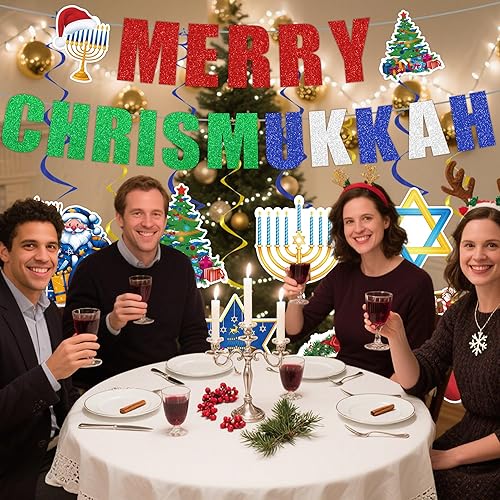 Miniatura 5 de Decoraciones de fiesta de Navidad de Hanukkah, pancarta preencordada con adornos de remolino colgante, suministros de fiesta de invierno para