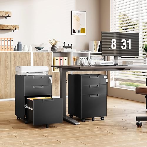 Miniatura 31 de Archivador móvil de 3 cajones con cerradura, archivador debajo del escritorio para oficina en casa, archivadores de metal sobre ruedas para archivo