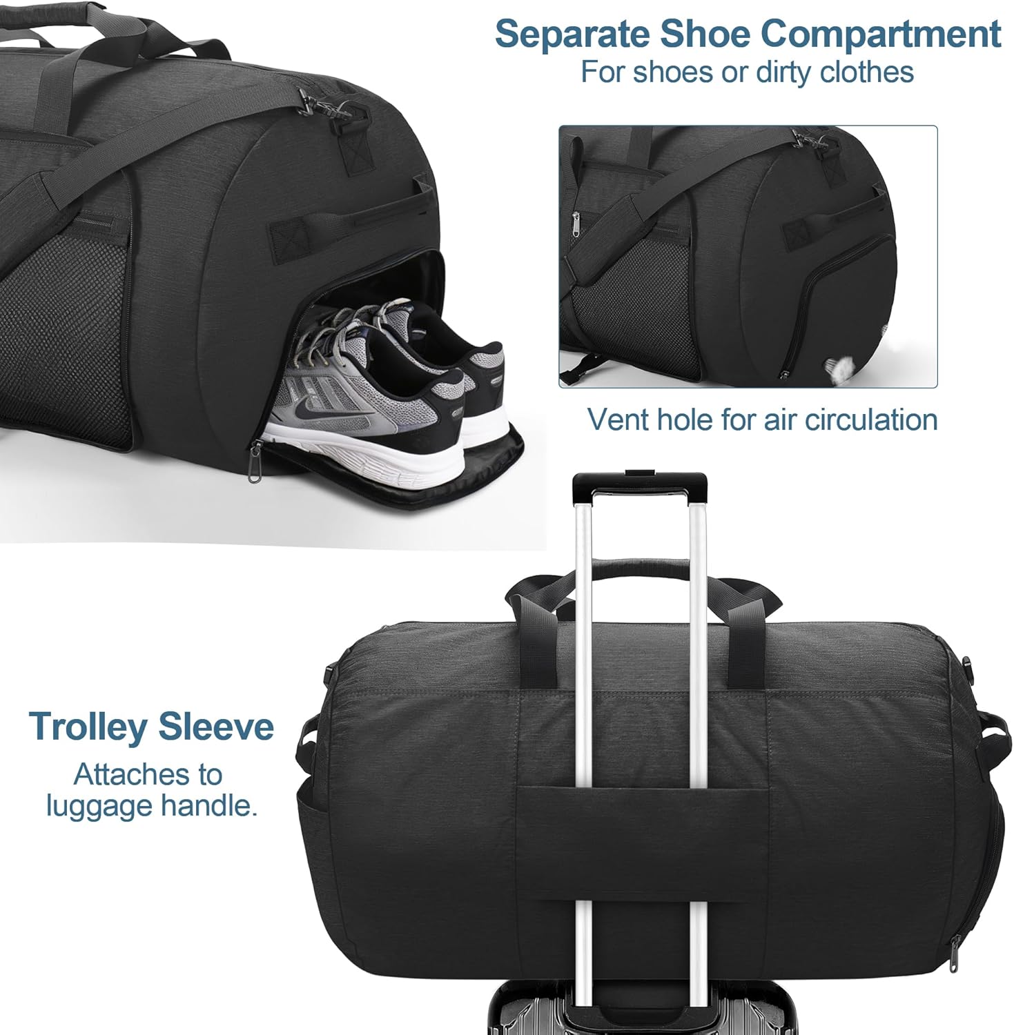120L Foldable Waterproof Travel Duffel Bag for Men and Women with Shoe Compartment (Black, 120L)