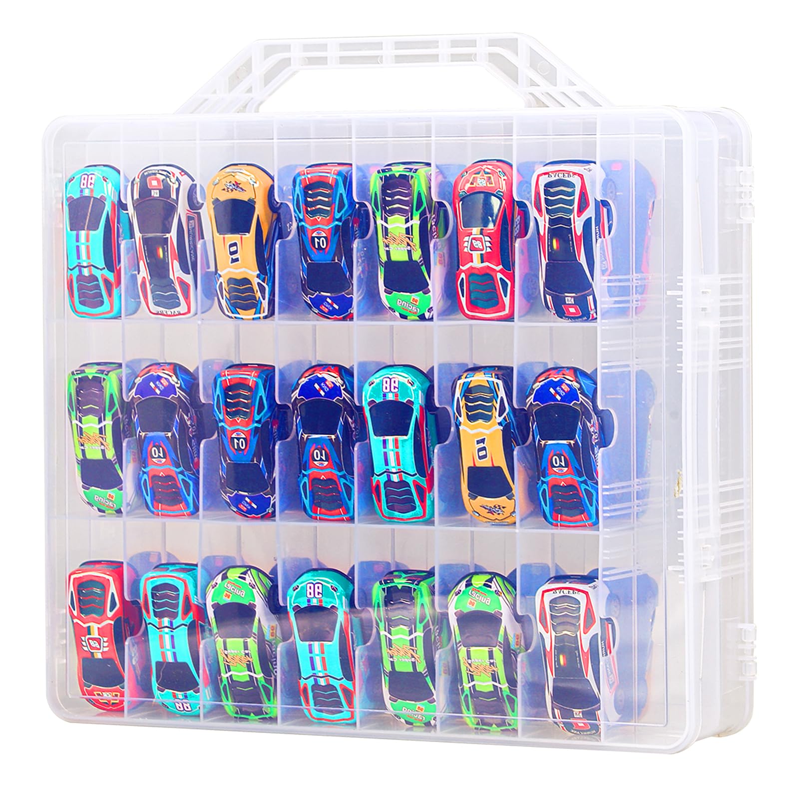 ZUIKAKU Double Sided Toy Storage Case for 48 Hot Wheels, Matchbox Cars, Mini Toys, Small Dolls, Portable Transparent Storage Case with 48 Compartments