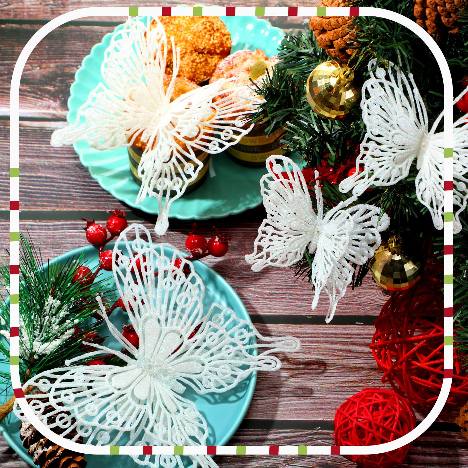 Lot De 15 Décorations De Noël à Paillettes En Forme De Papillon Creux Avec Clips – Décorations De Noël Artificielles Pour Sapin De Noël – Couronne De Noël – Rose