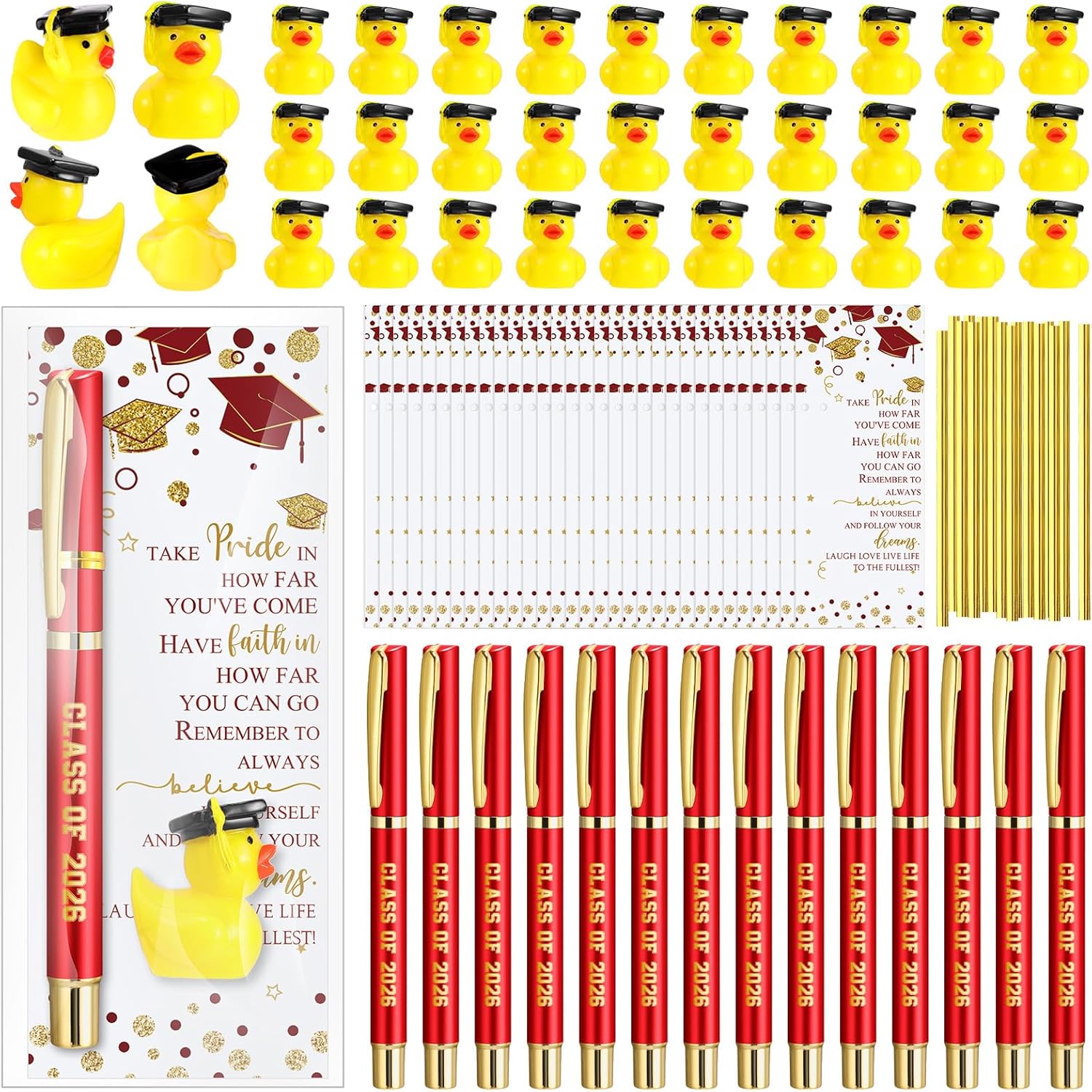 Sayglossy 30 Sets Graduation Gifts Bulk 2026 Gel Ink Pen Mini Card Cap Yellow Resin Duck Graduation Party Decorations Favors(Red)