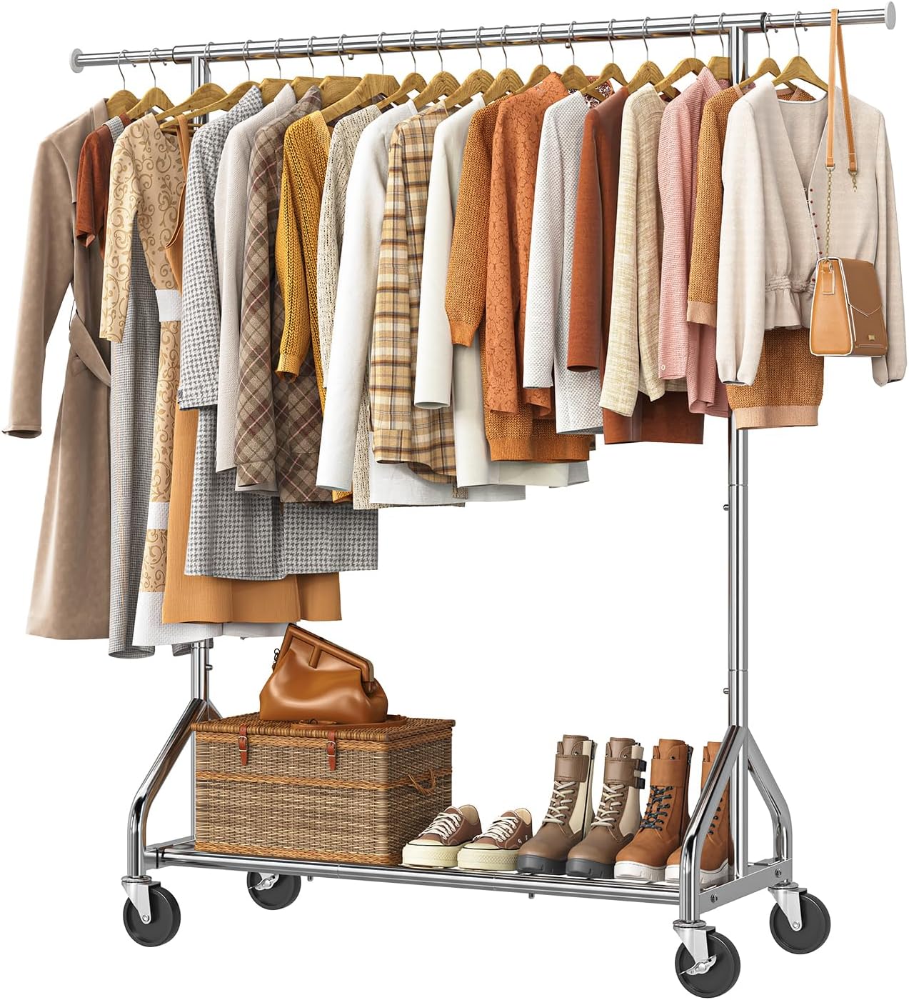 Simple Trending Heavy Duty Clothes Rack, Rolling Clothing Rack for Hanging Clothes, Metal Garment Rack with Shelves Load 450 LBS, for the Bedroom Laundry Room