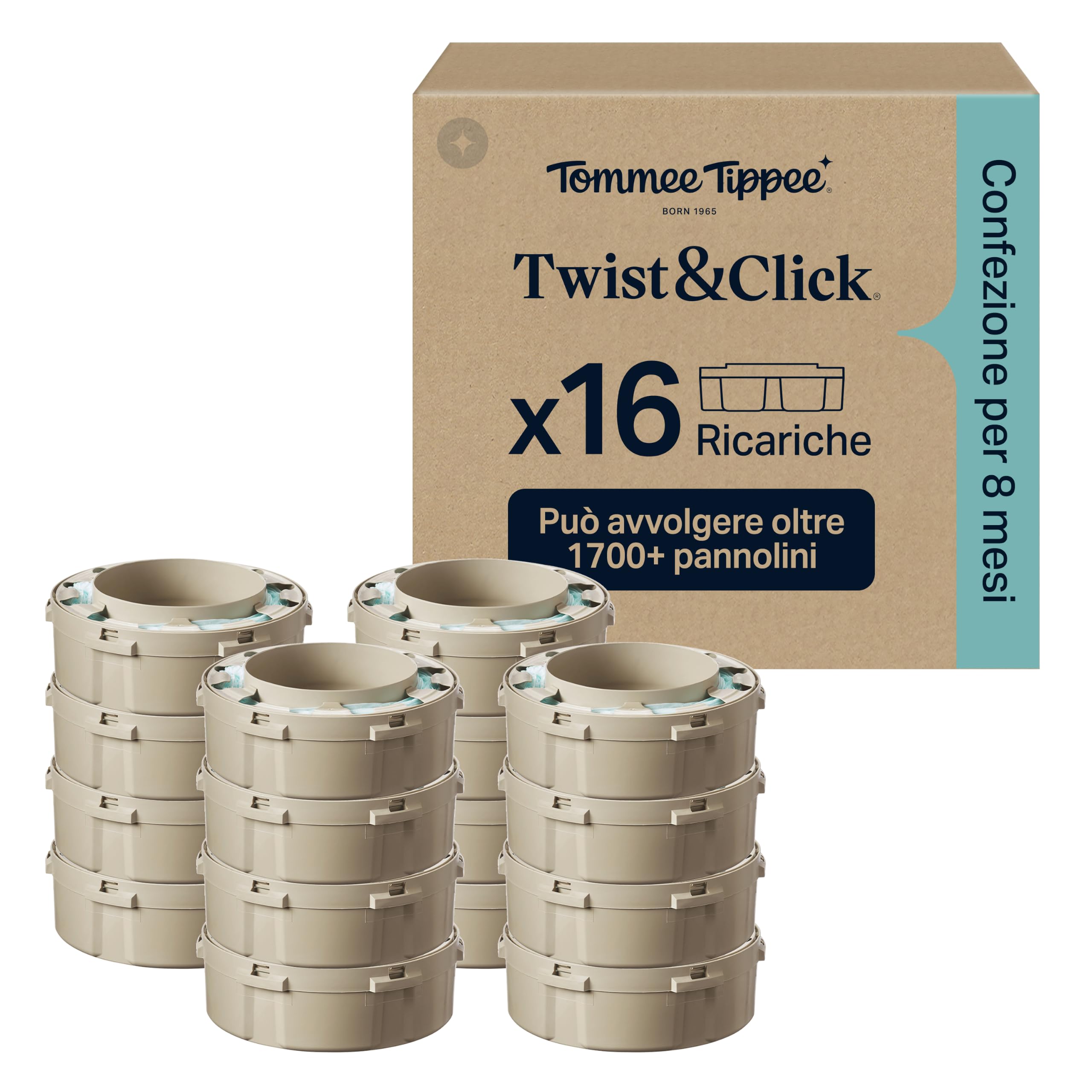 Tommee Tippee Ricariche originali per mangiapannolini Twist & Click | confezione esclusiva da 16 ricariche di 10, 5 metri l’una, praticità e risparmio, 16 X 10, 5 m (la confezione può variare)