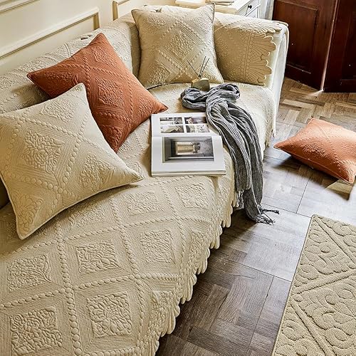 Miniatura 3 de vctops Funda acolchada de algodón neutro para sofá, con bordado floral, antideslizante, funda suave y acogedora para sofá, para perros, gatos y