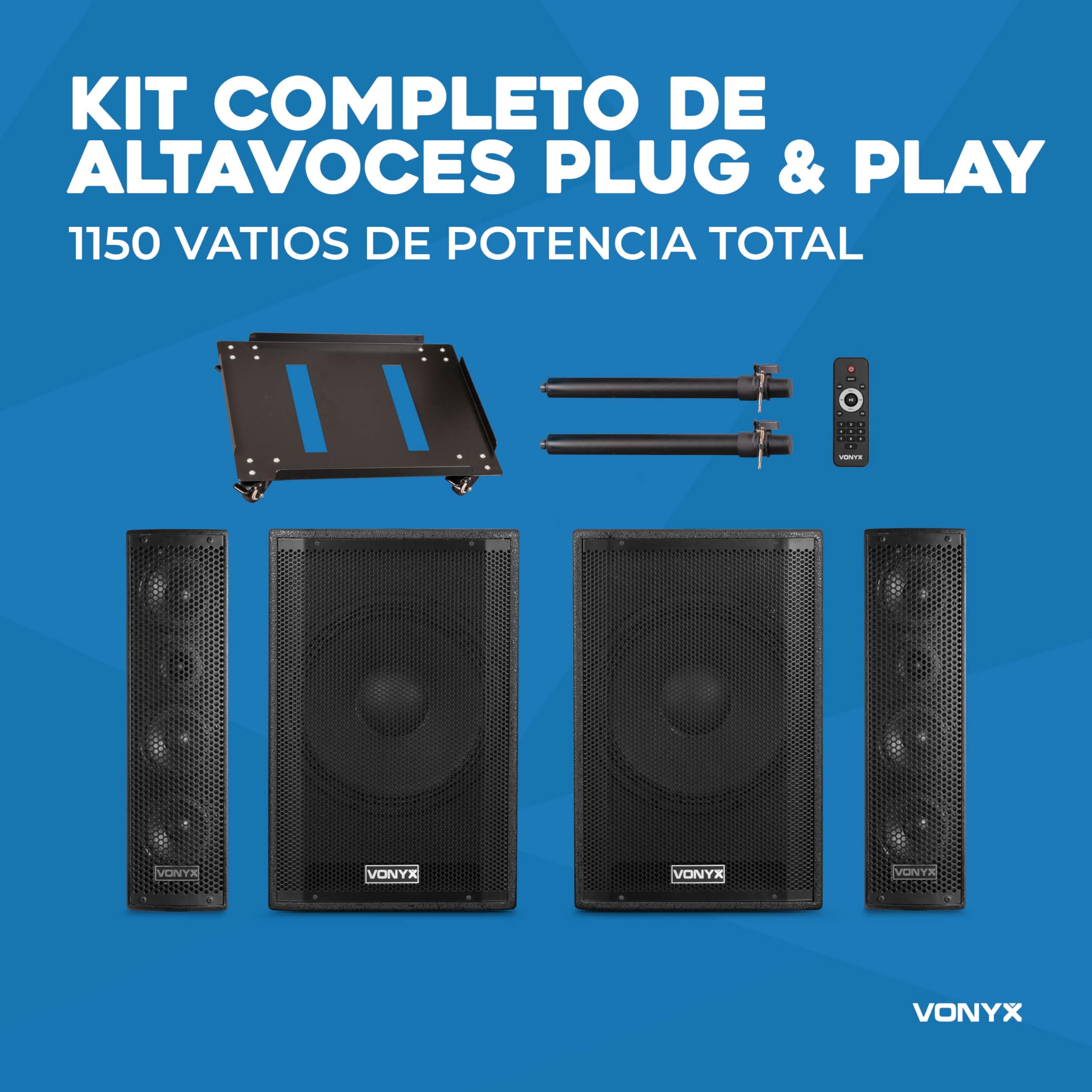 Vonyx VX1050BT – Sistema 2.2 Activo 1150W con Bluetooth, USB, SD, Doble subwoofer 12”, Micro, Trolley, Funda y Soportes, Equipo de Sonido Profesional para Eventos, Fiestas y DJ, Color Negro