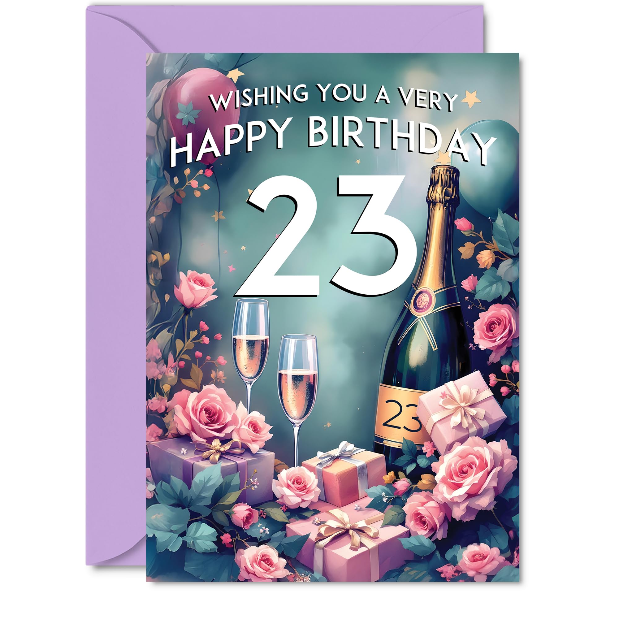 23rd Birthday Card, Pink Presents Champagne Bottle