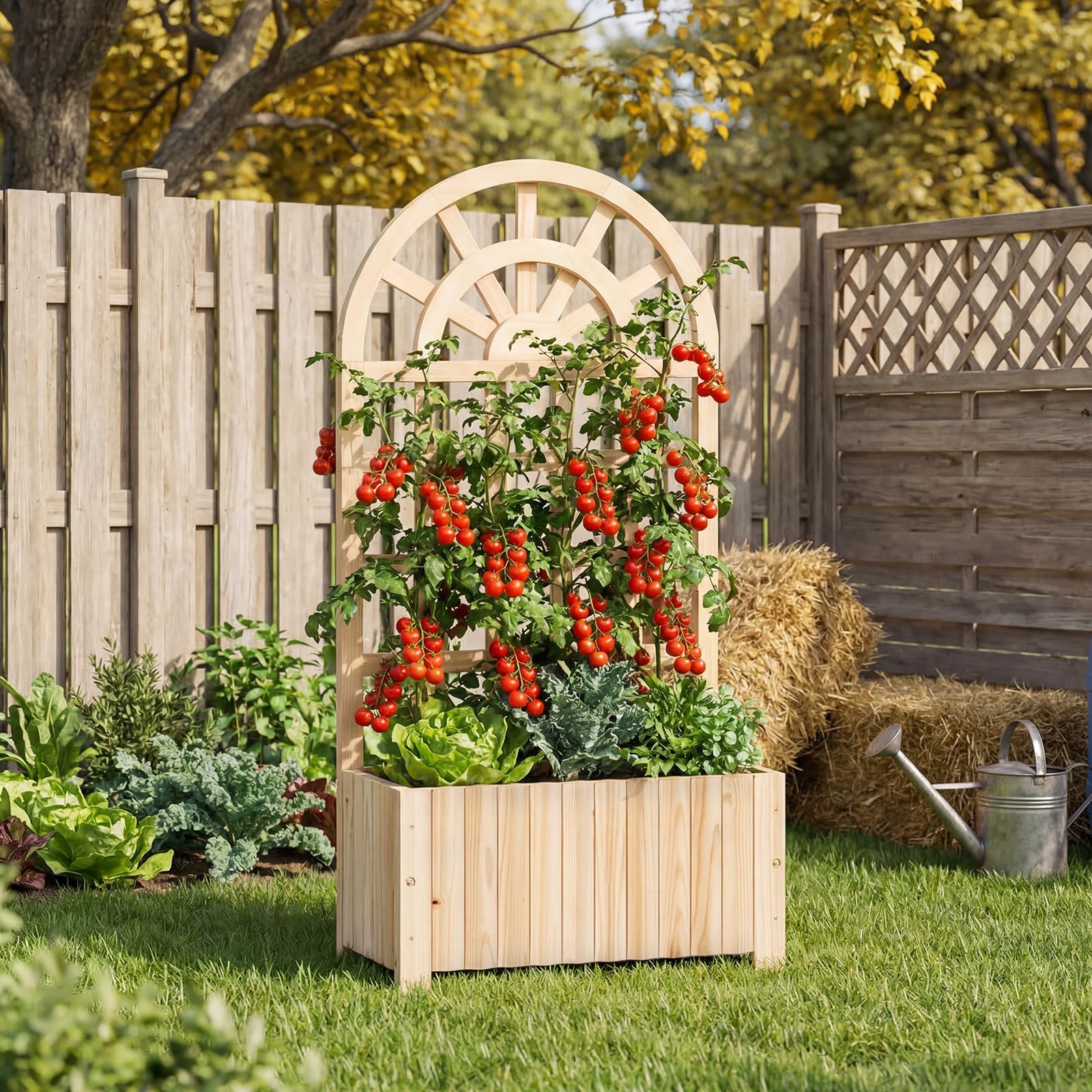 COSTWAY Jardinière en Bois avec Treillis, Lit de Jardin Surélevé avec Écran d'Intimité et Trous de Drainage, Bac à Fleurs d'Extérieur pour Plante Grimpante Fleurs Légumes, 61 x 30 x 121 cm (Naturel)