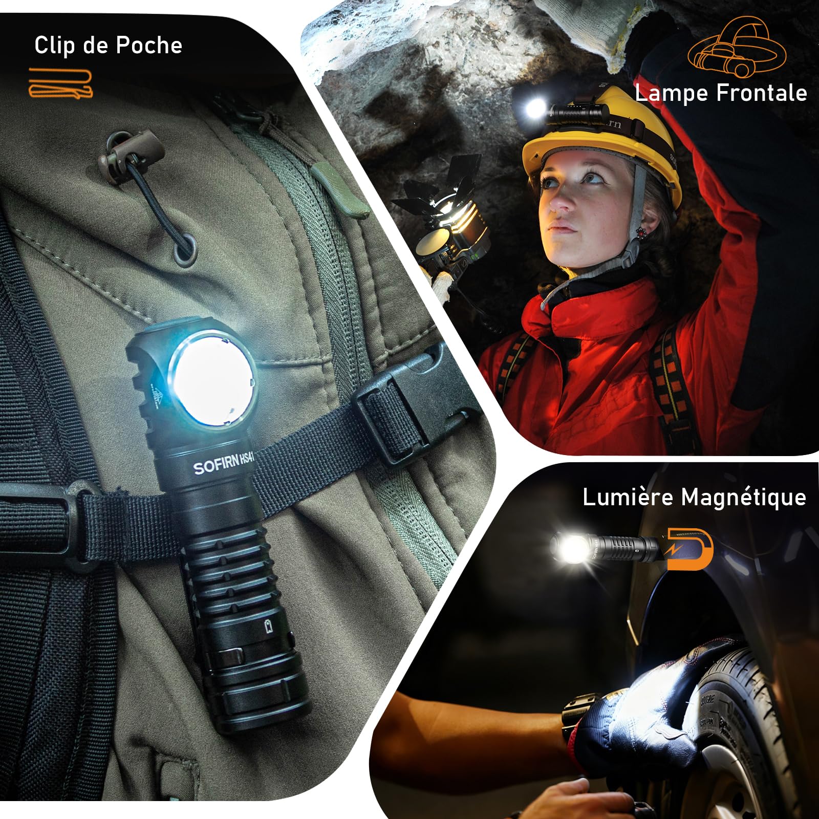 Sofirn HS41 Lampe frontale LED rechargeable 4000 lumens, intensité variable en continu, portée de 325 m, base magnétique, étanche IP68, pour camping, atelier, travail