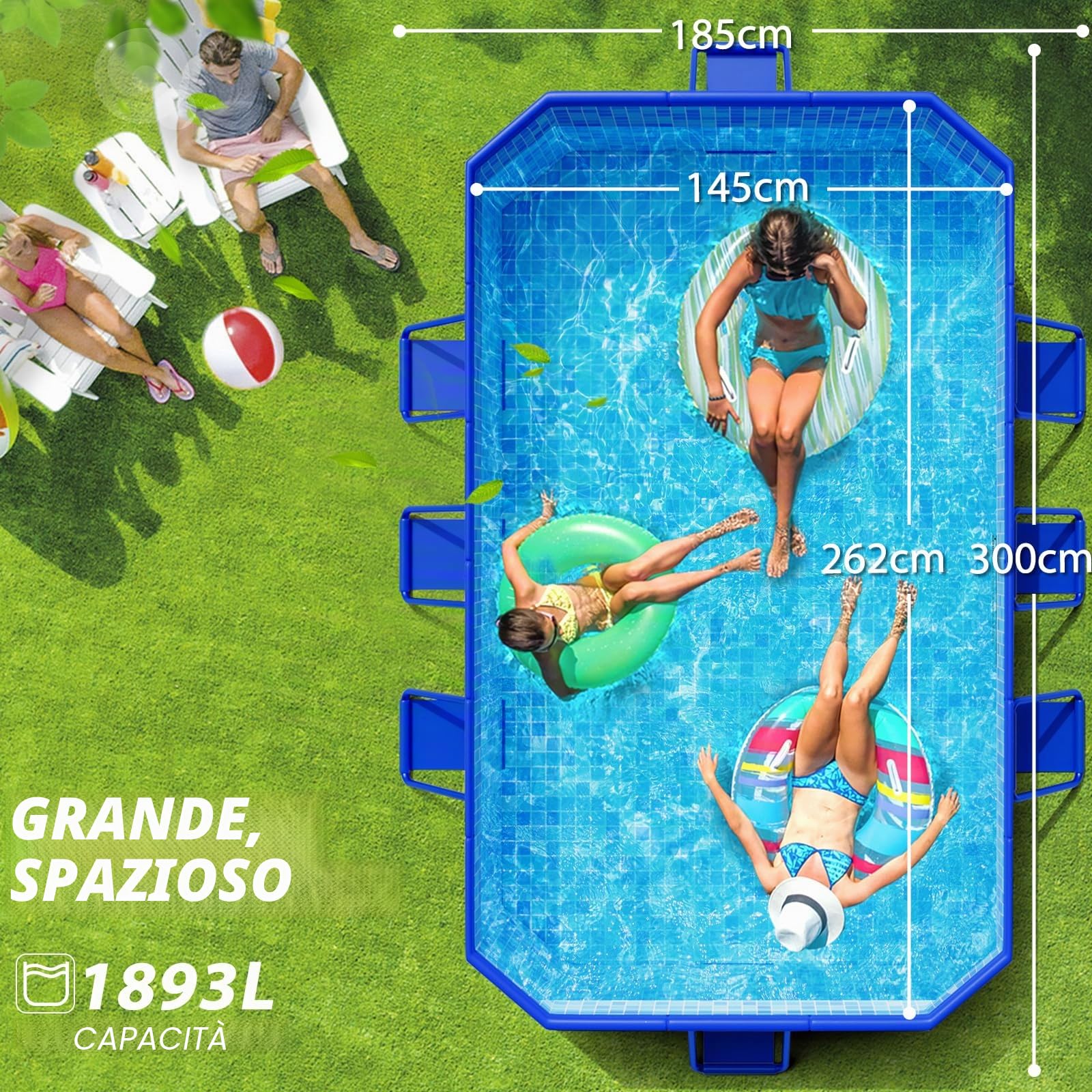 KingSom Piscina Fuori Terra Rectangular,Piscina Fuori Terra Pieghevole,Sovradimensionato Addensato, Piscina da Esterno Grande,Facile da Montare,Piscina Giardino Adulti,Piscina Frame, 300 x 185 x 51 cm