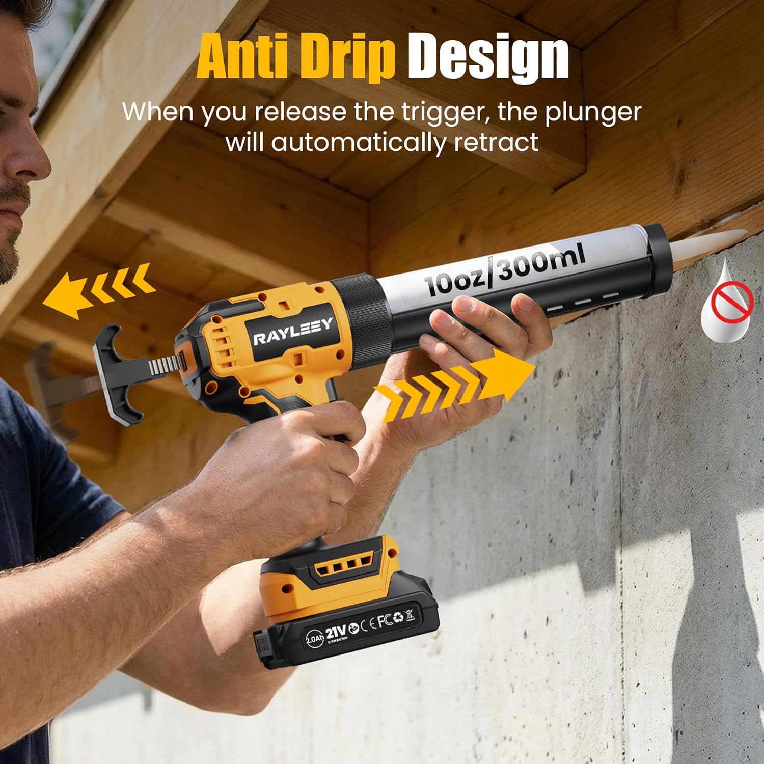 Electric Caulking Gun, Battery Powered Caulk Gun with 2 x 2000mAh Batteries, 9pcs Caulk Remover Tool, 6 Adjustable Speeds, Dripless Auto Retract, LED Light Silicone Gun for Filling, Sealing