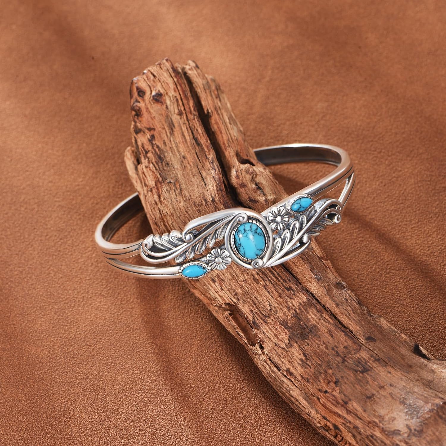 925 Sterling Silver Turquoise Bracelet for Women, Vintage Flower Leaf Cuff Bracelets Adjustable Bangle Boho Native American Jewelry Gifts for Mom Nana Her Christmas Birthday