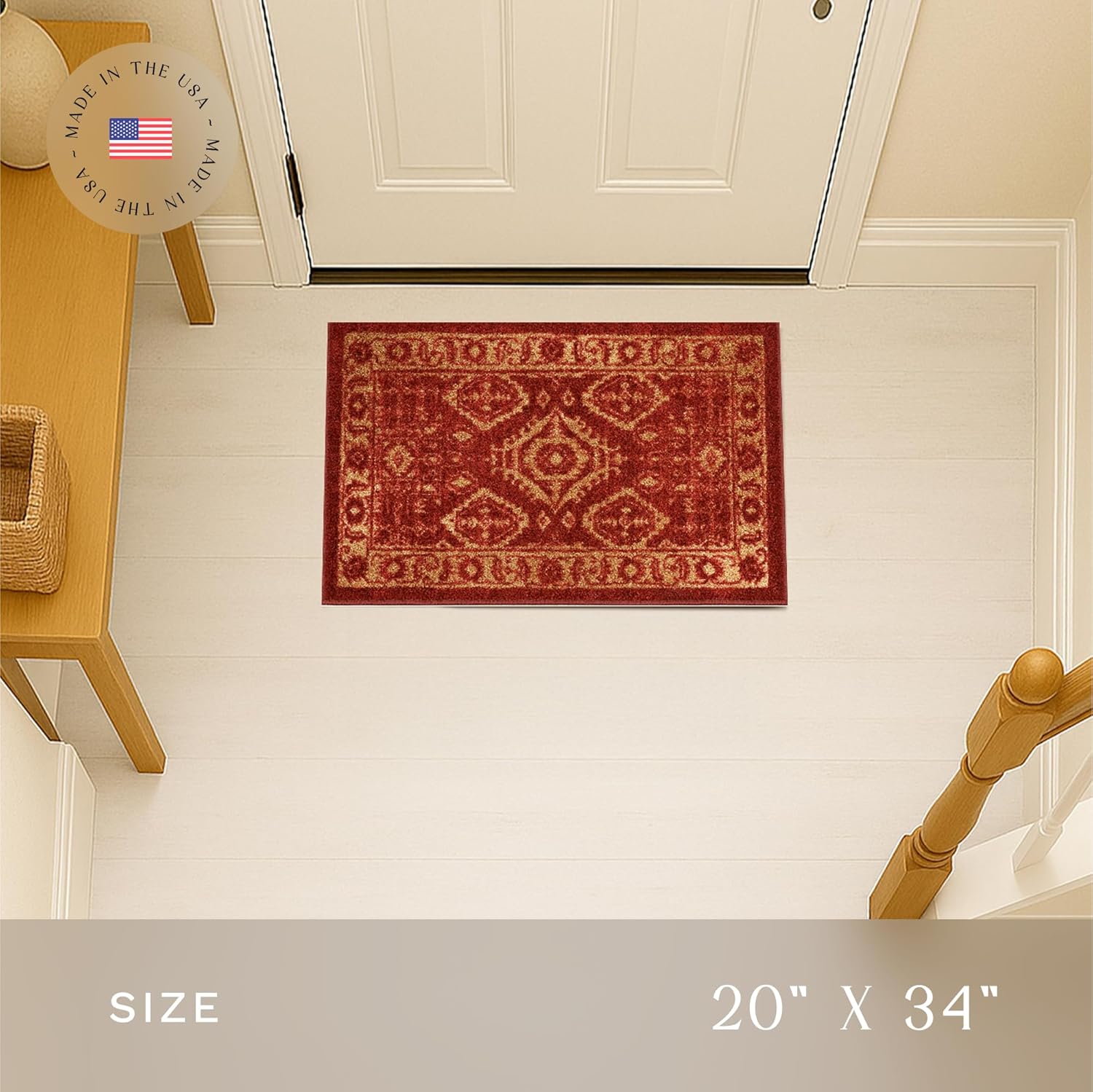 Maples Rugs Georgina Traditional Area Rug – Made in USA – Washable, Non Slip Indoor Carpet for Entryway, Foyer, Kitchen, and Bathroom, 1'8 x 2'10, Red/Gold