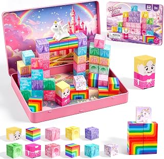 DQMOON Magnetbausteine Kinder, 52 Teile Magnetbausteine Reiseset mit tragbarer Metallbox für Kinder, Montessori Magnetspielzeug ab 3 Jahre STEM Bauspielzeug Magnetspiel, Einhorn Geschenk für Mädchen