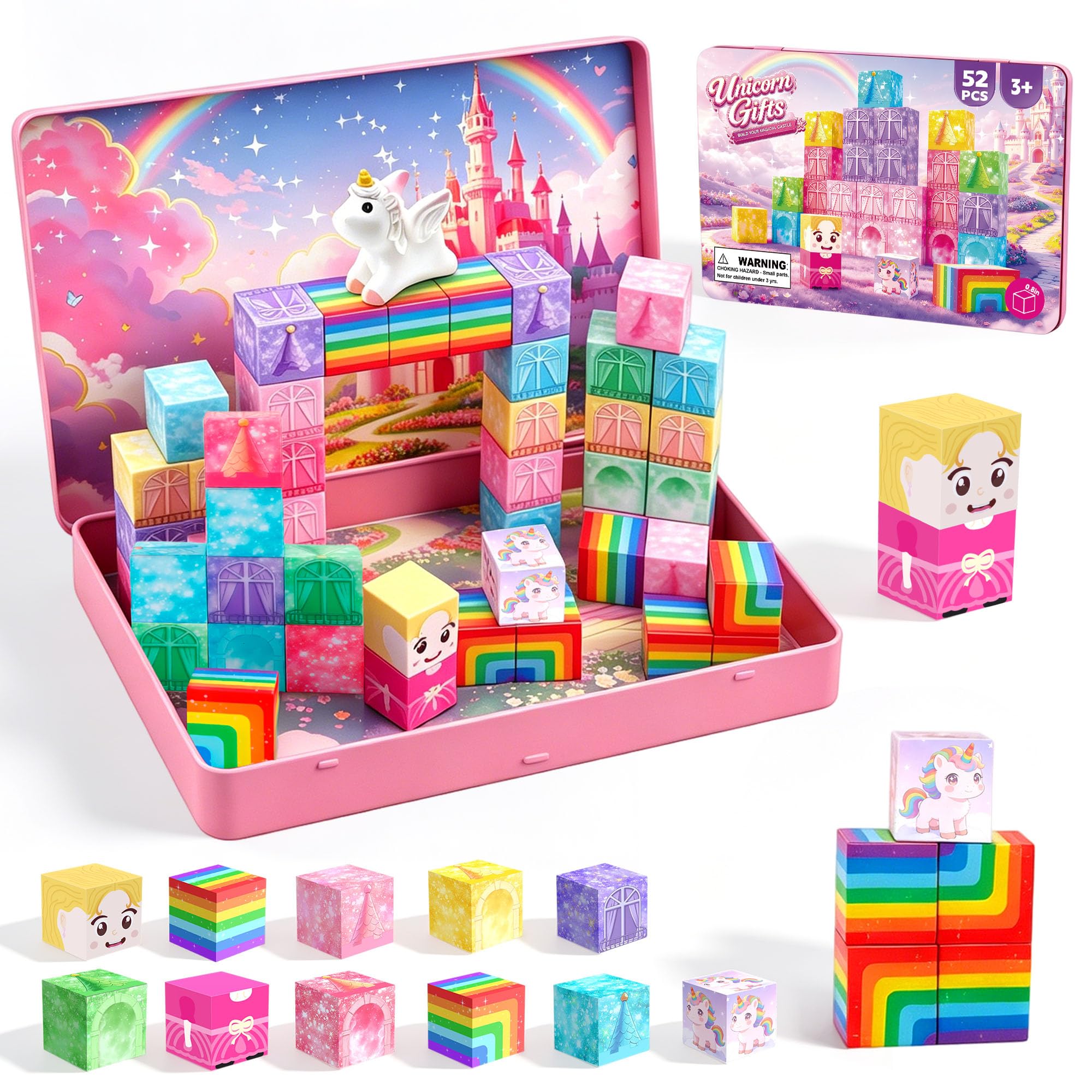 DQMOON Unicorn Gifts for Girls, 52PCS Magnetic Building Blocks for Girls Toys Age 3-9, Magnet Tiles Set Montessori STEM Construction Learning Toys, Toddler Travel Toys Birthday Gifts Stocking Fillers