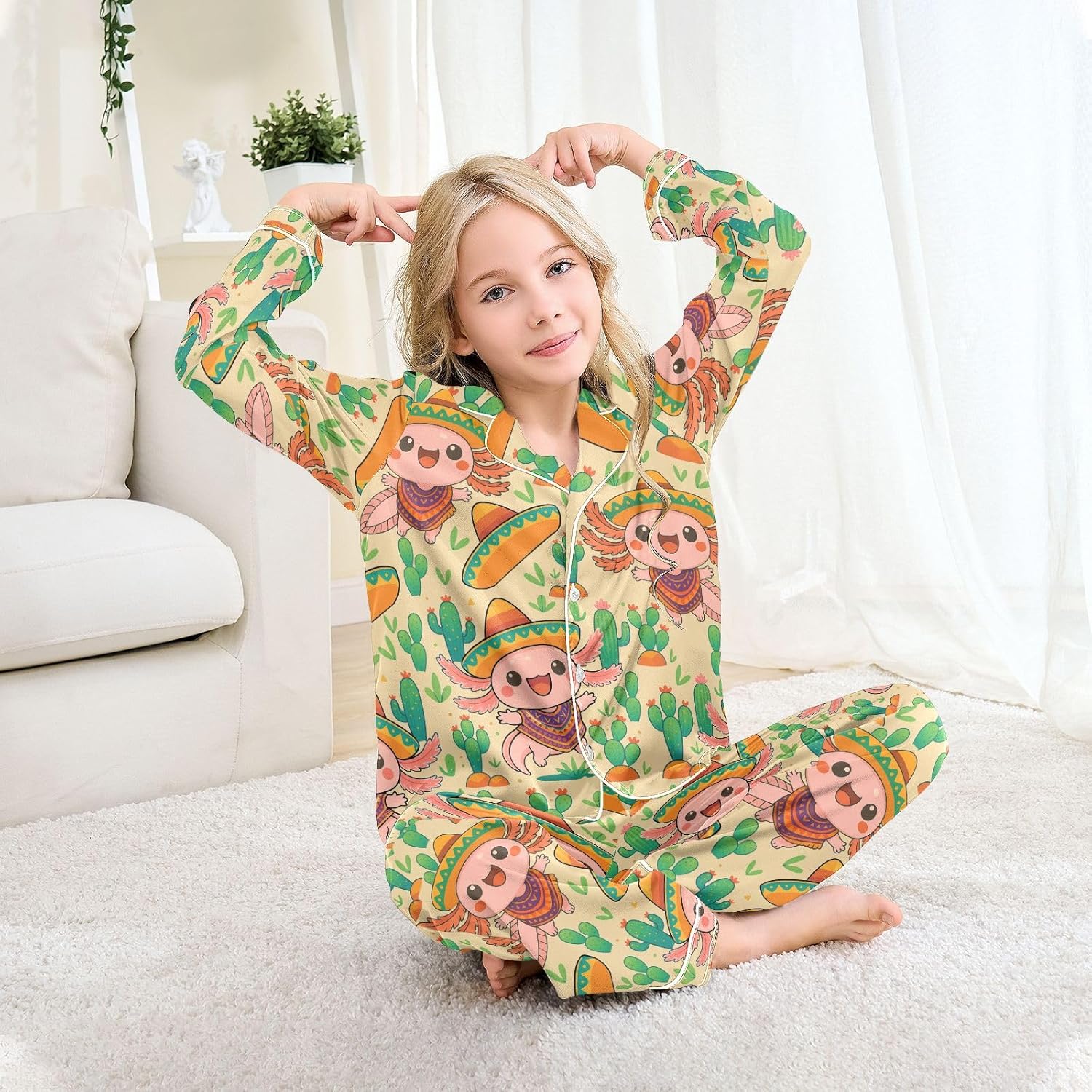 Kids Casual Satin Wear Set Salamander Cactus Pattern Unisex Relaxed Fit Clothing