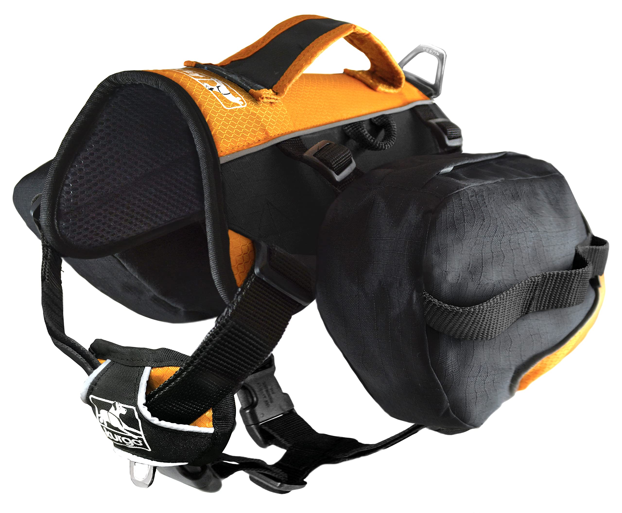 Kurgo Baxter - Zaino per Cani da Escursione con Supporto Ergonomico per la Schiena, Carico Bilanciato e Borse Laterali Resistenti - Per Cani 14–39 kg - Nero e Arancione