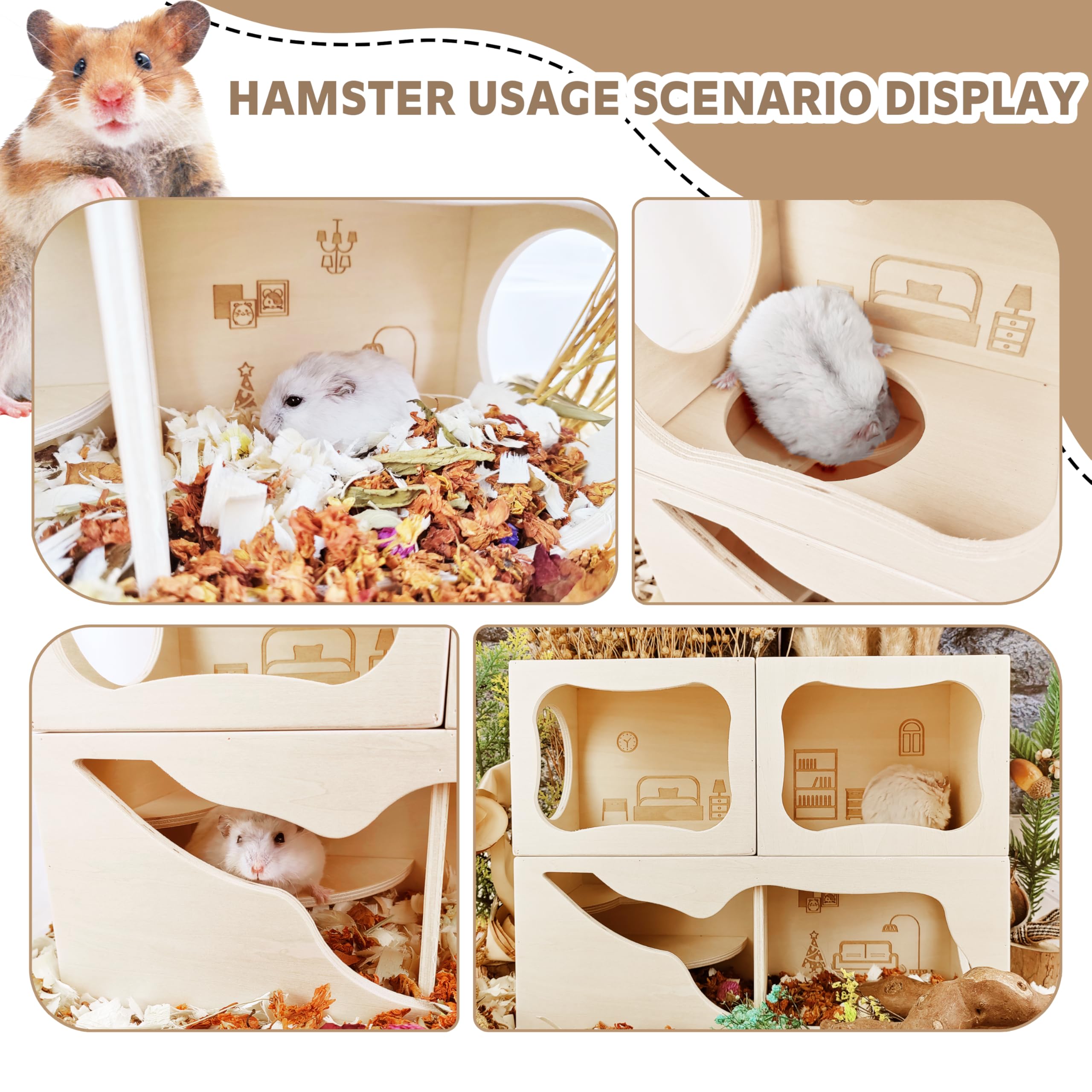 Casa de madera escondite para hámster, escondite de múltiples cámaras, hábitat de animales pequeños para observación clara, juguetes de hámster para hámster sirio, hámstersmo enano, jerbos, erizos,