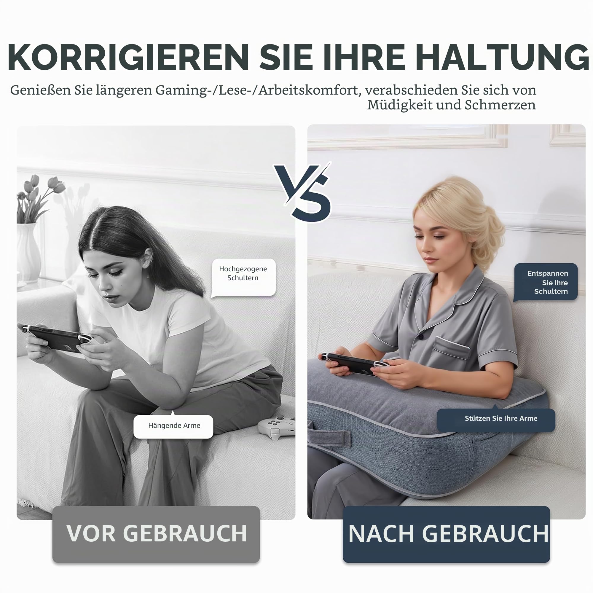 Lesekissen für Gaming, Gaming-Kissen für den Schoß, Häkelkissen zur Unterstützung des Schoßes, Armstützkissen für Erwachsene, Häkeln, Arbeiten oder Sitzen im Bett, Boden und Sofa (grau)