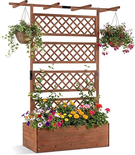 Giantex Cama de jardín elevada con enrejado, maceta de madera de 72 pulgadas para exteriores con techo de pantalla de privacidad, maceta de jardín