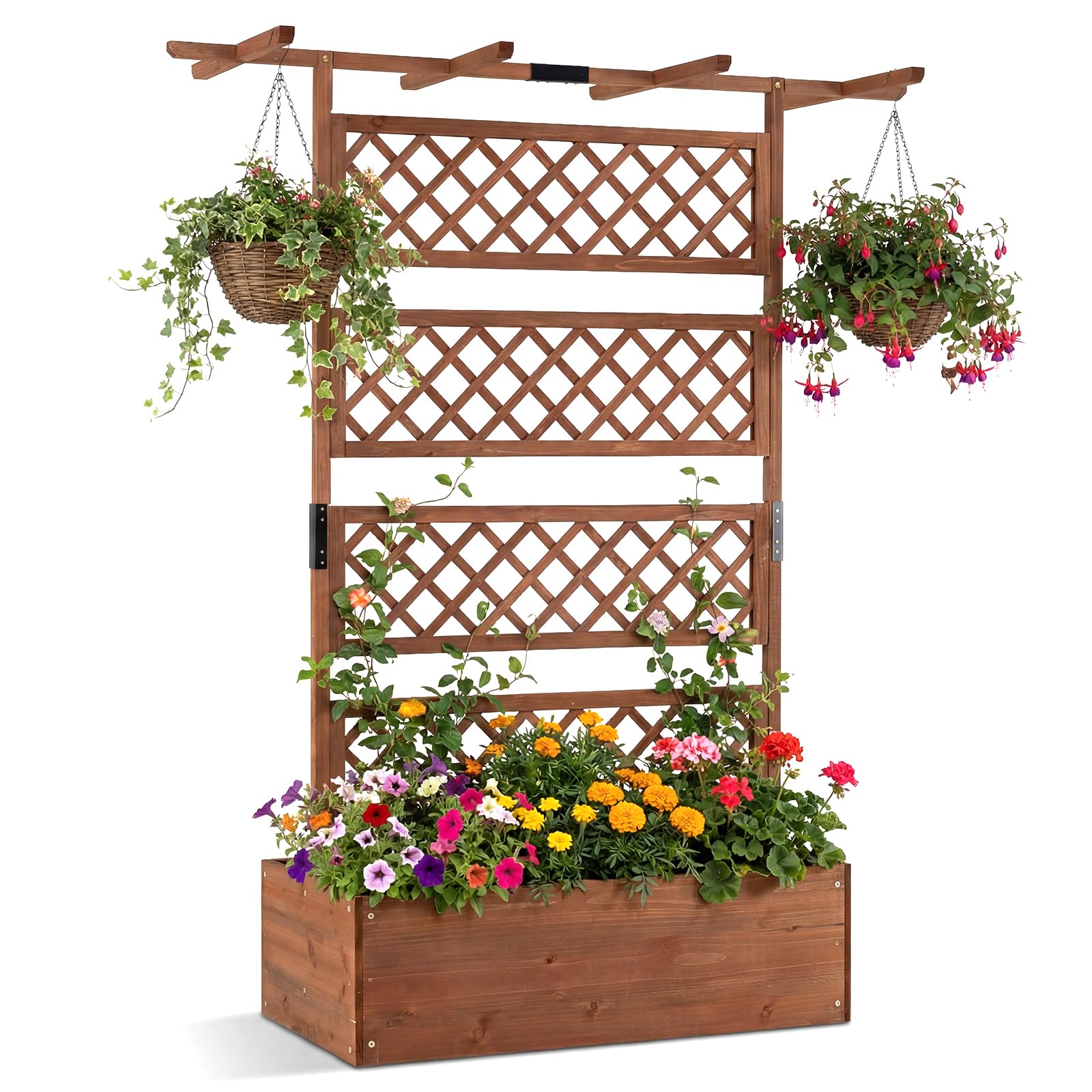COSTWAY Garden Planter with Trellis, Wooden Raised Bed with Hanging Roof and Drainage Holes for Climbing Plants Vines Flowers, Outdoor Trough Container Grow Box Flower Pot for Patio Balcony