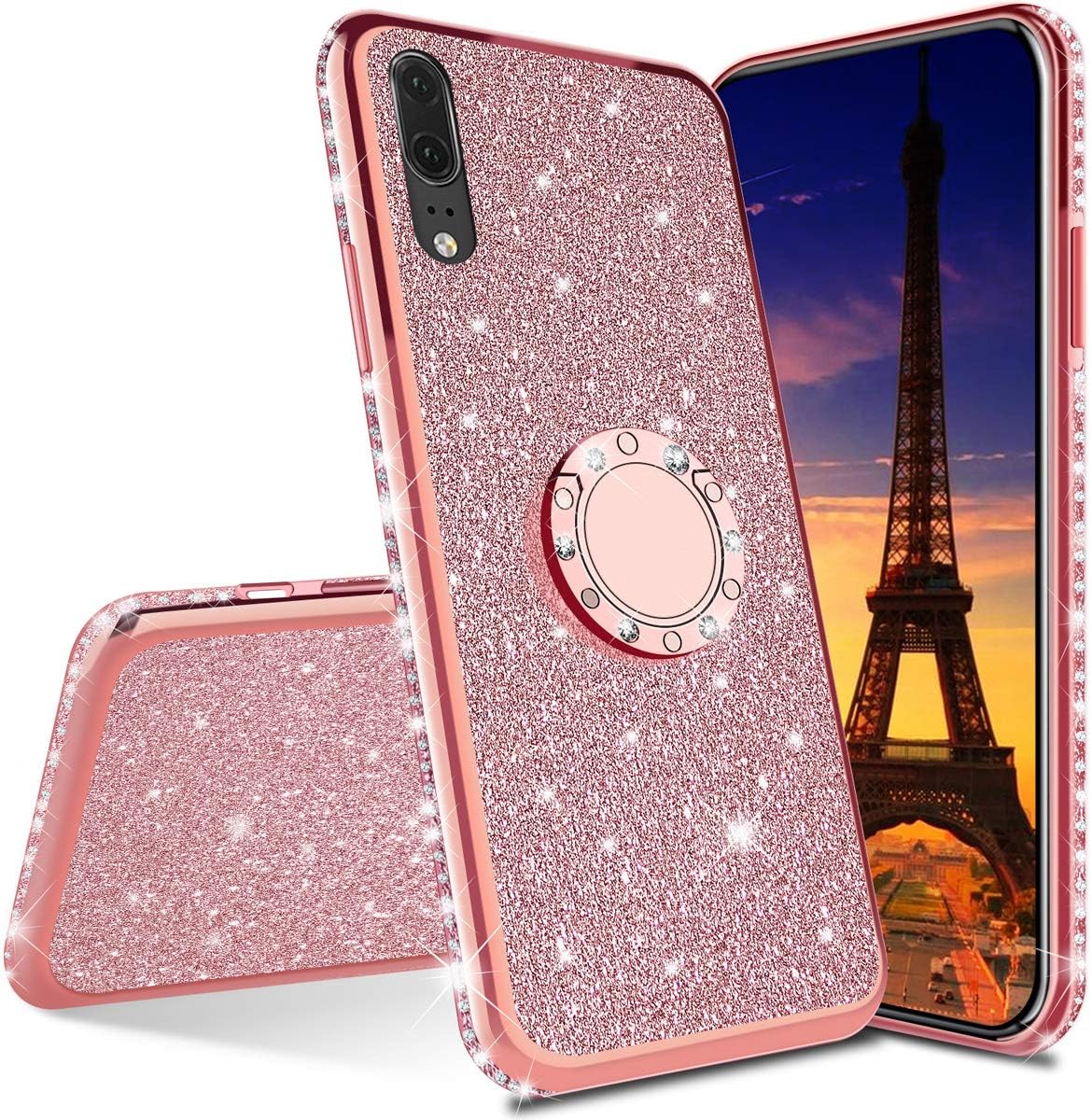 HMTECH Galaxy A7 2018 A750 Funda Bling Glitter Silicona TPU Ultra Fina Suave Enchapado Anti-Arañazos Carcasa con Soporte de Anillo de 360 °Compatible with Samsung Galaxy A7 2018,Rose Gold Holder TPU