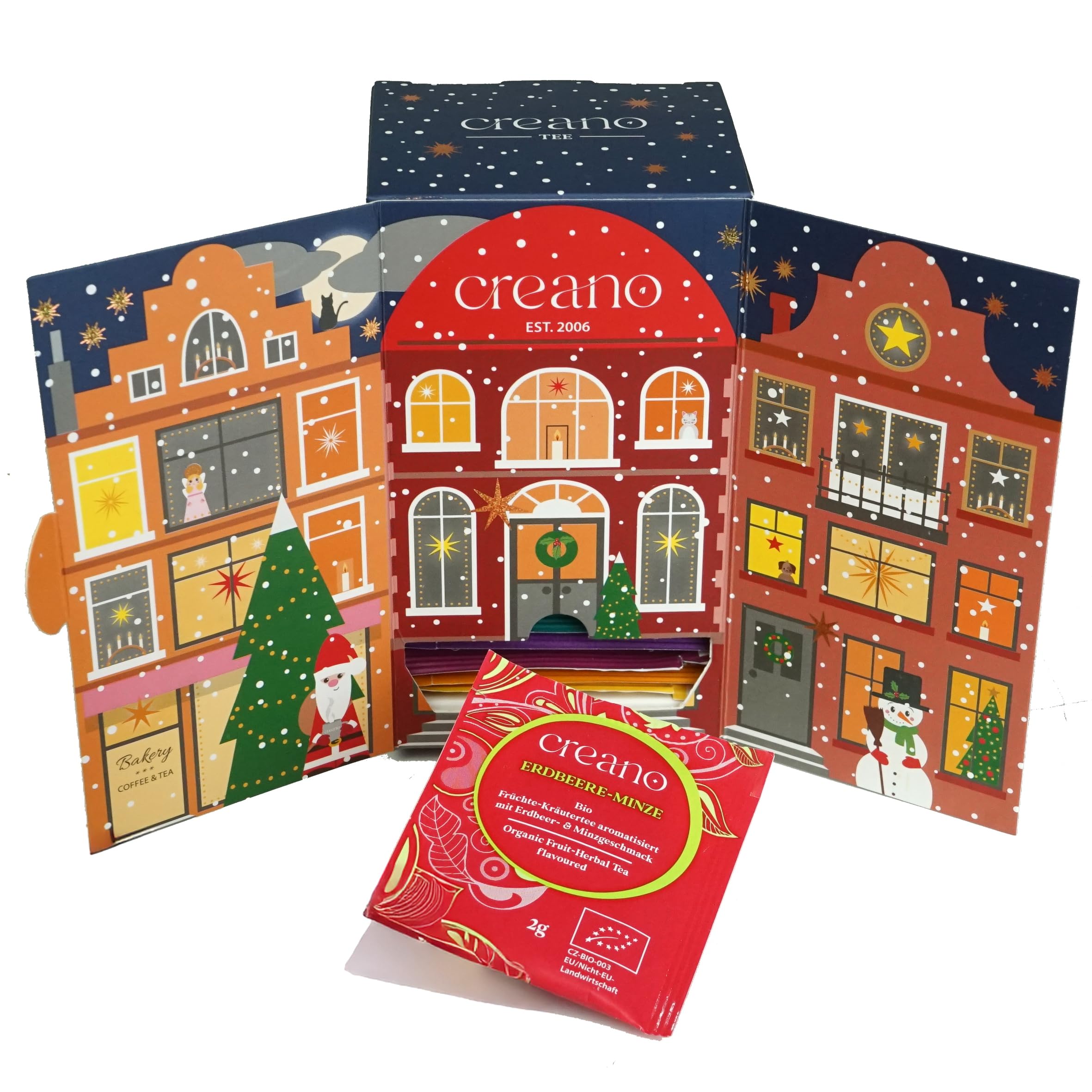 Creano Bio Tee Adventskalender "Weihnachtshaus" - 24 verschiedene BIO Tees - Kräutertee, Früchtetee, Grüner Tee, Weißer Tee, Schwarzer Tee, Chai