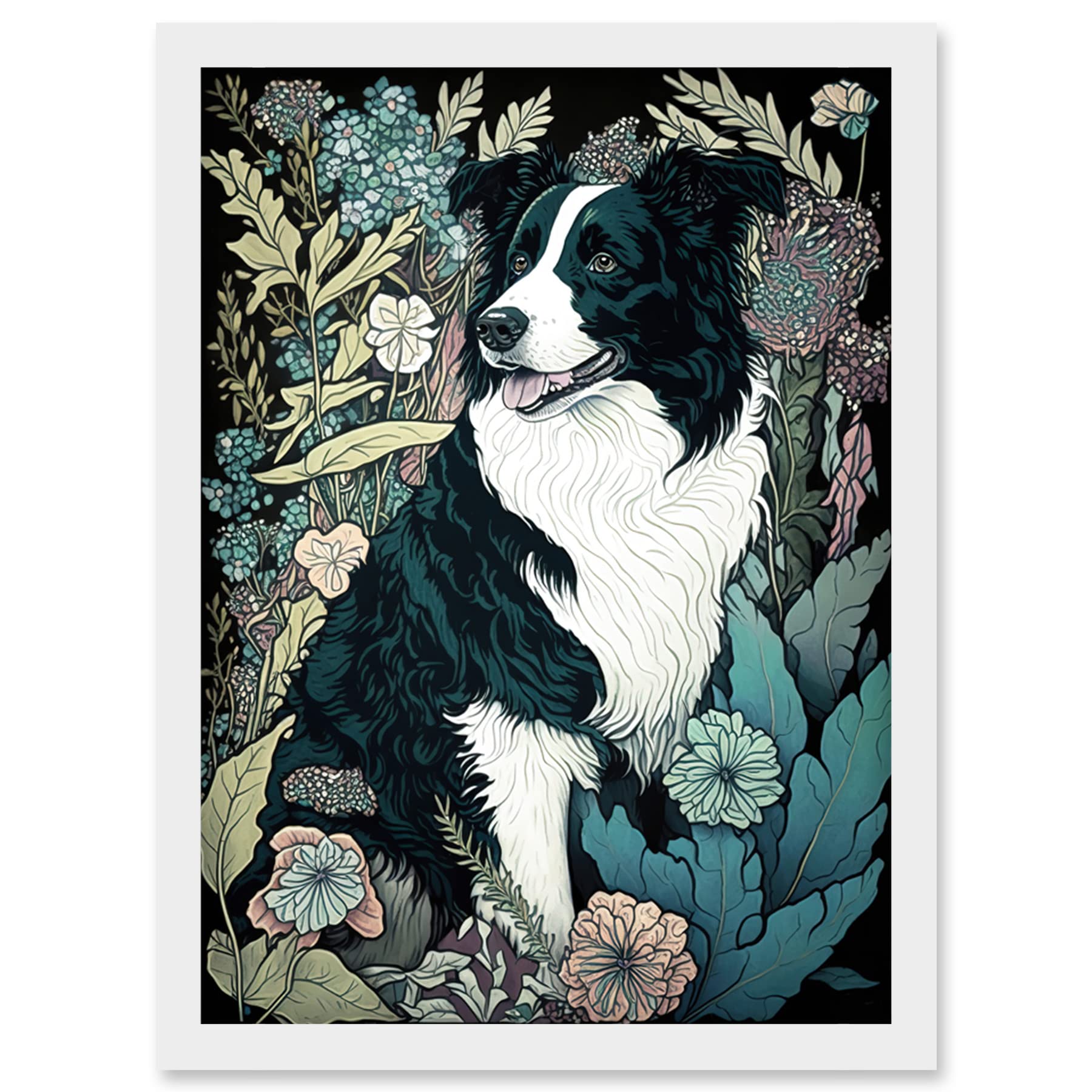 Artery8 Border Collie Dog in Wildflower Field Modern Illustration Artwork Framed Wall Art Print A4