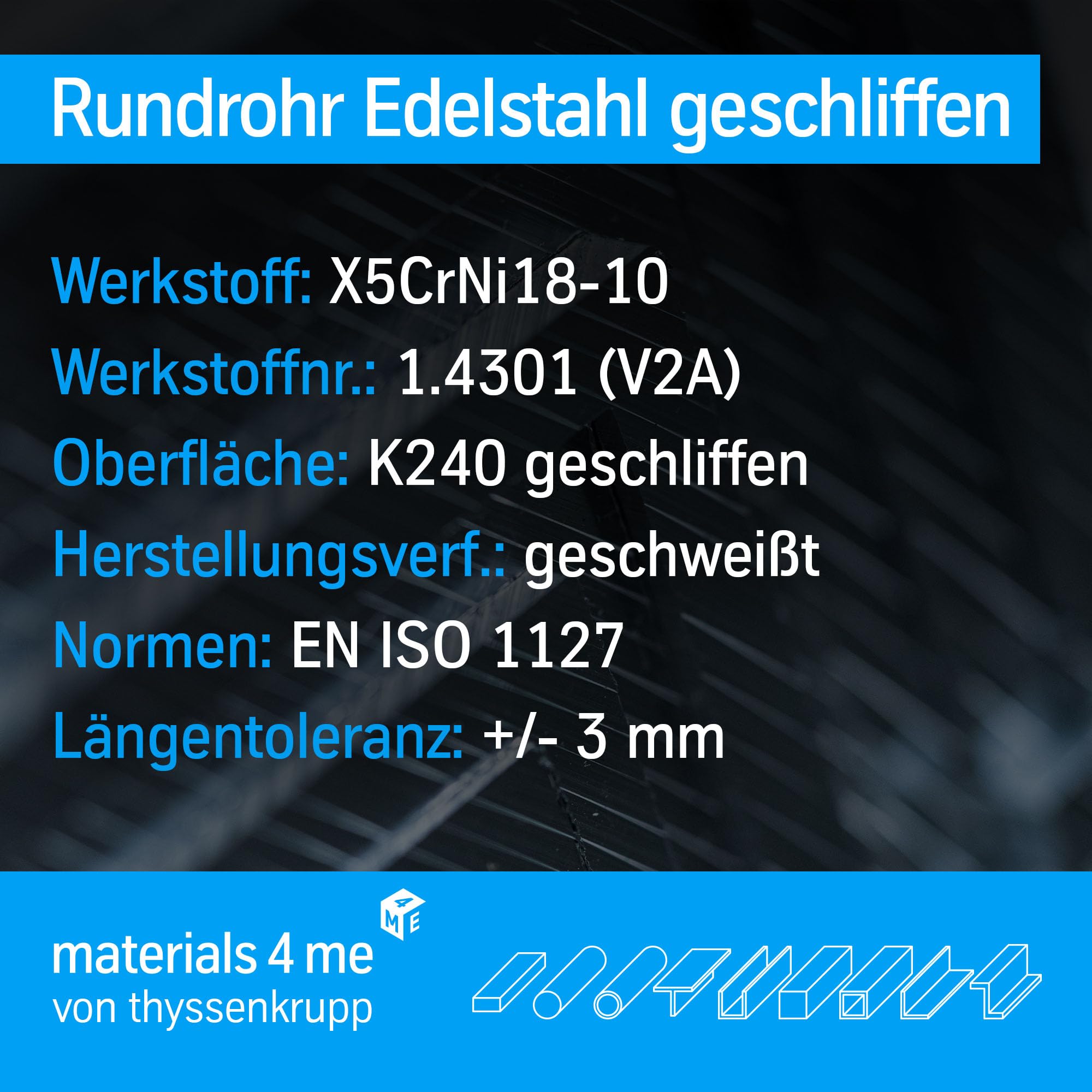 thyssenkrupp Edelstahlrohr – Rundrohr Edelstahl V2A geschweißt – K240 geschliffen – Werkstoff 1.4301 / AISI 304 – Ø 42,4 x 2 mm, 2000 mm Länge