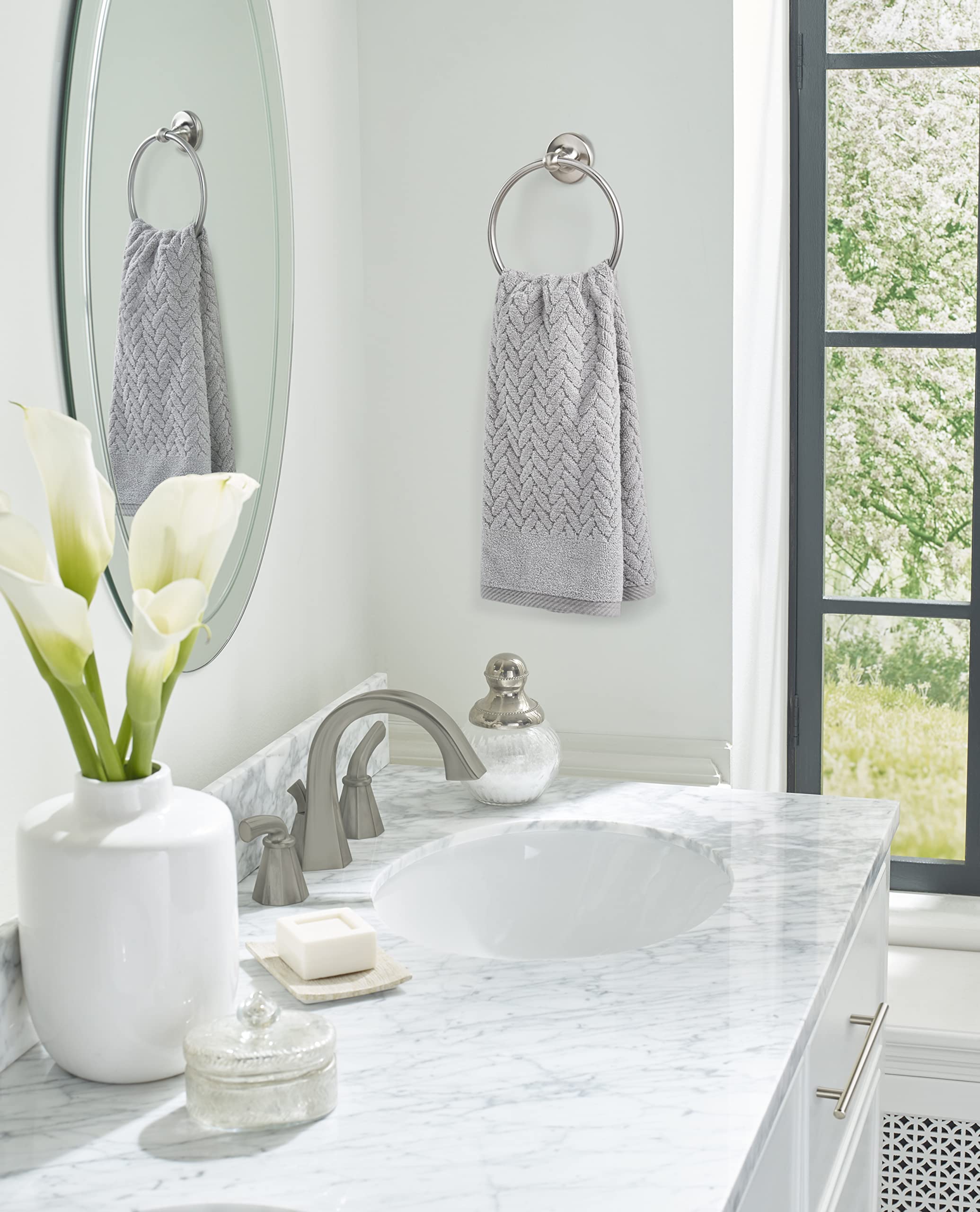 Amerock Wall Mounted Brushed Nickel Towel Ring, Small Hand Towel Holder, Bathroom Accessories, Bath Hardware, Kitchen Towel Holder